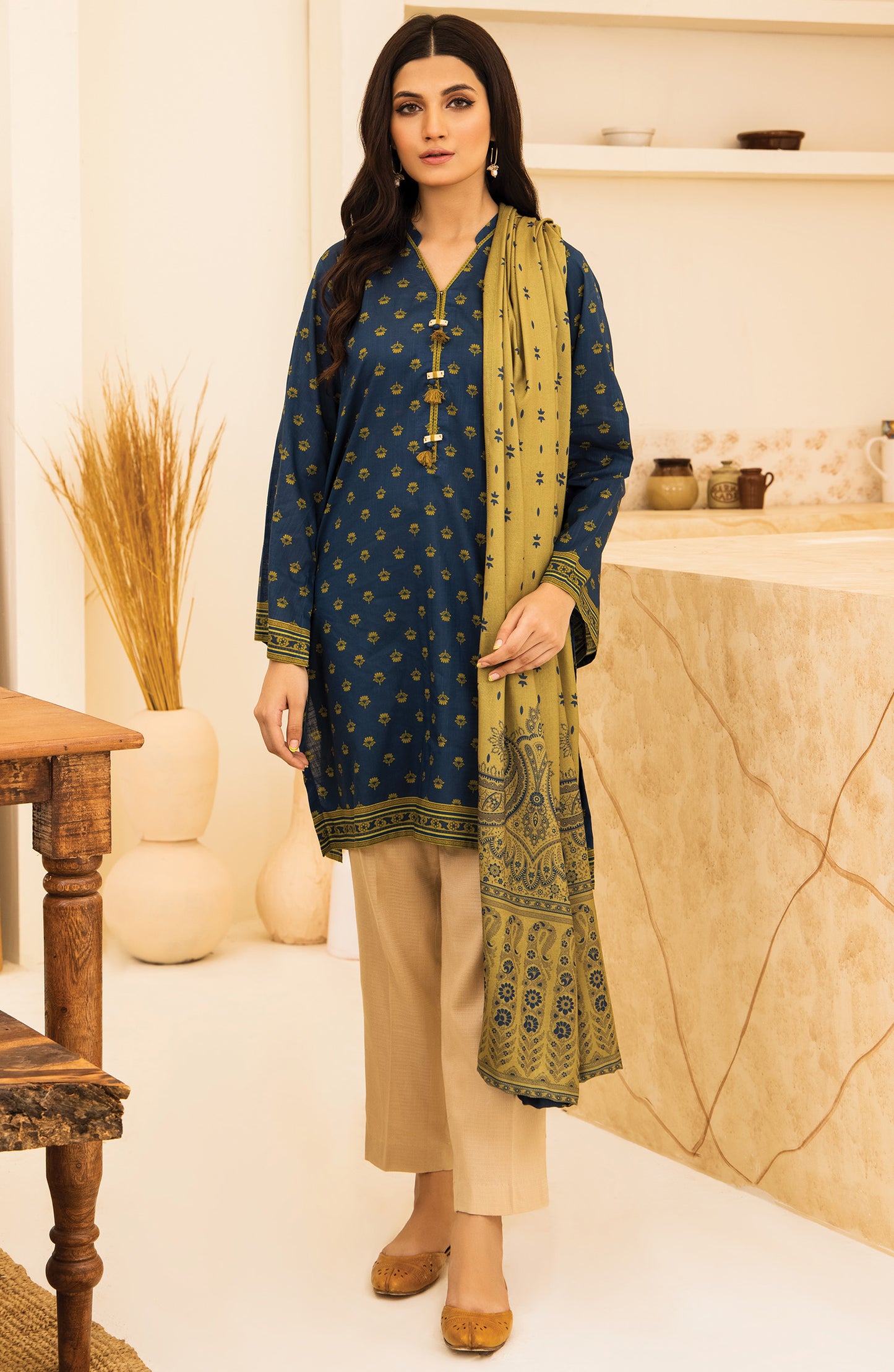 Unstitched 2 Piece Printed Khaddar Shirt and Acrylic Shawl Dupatta