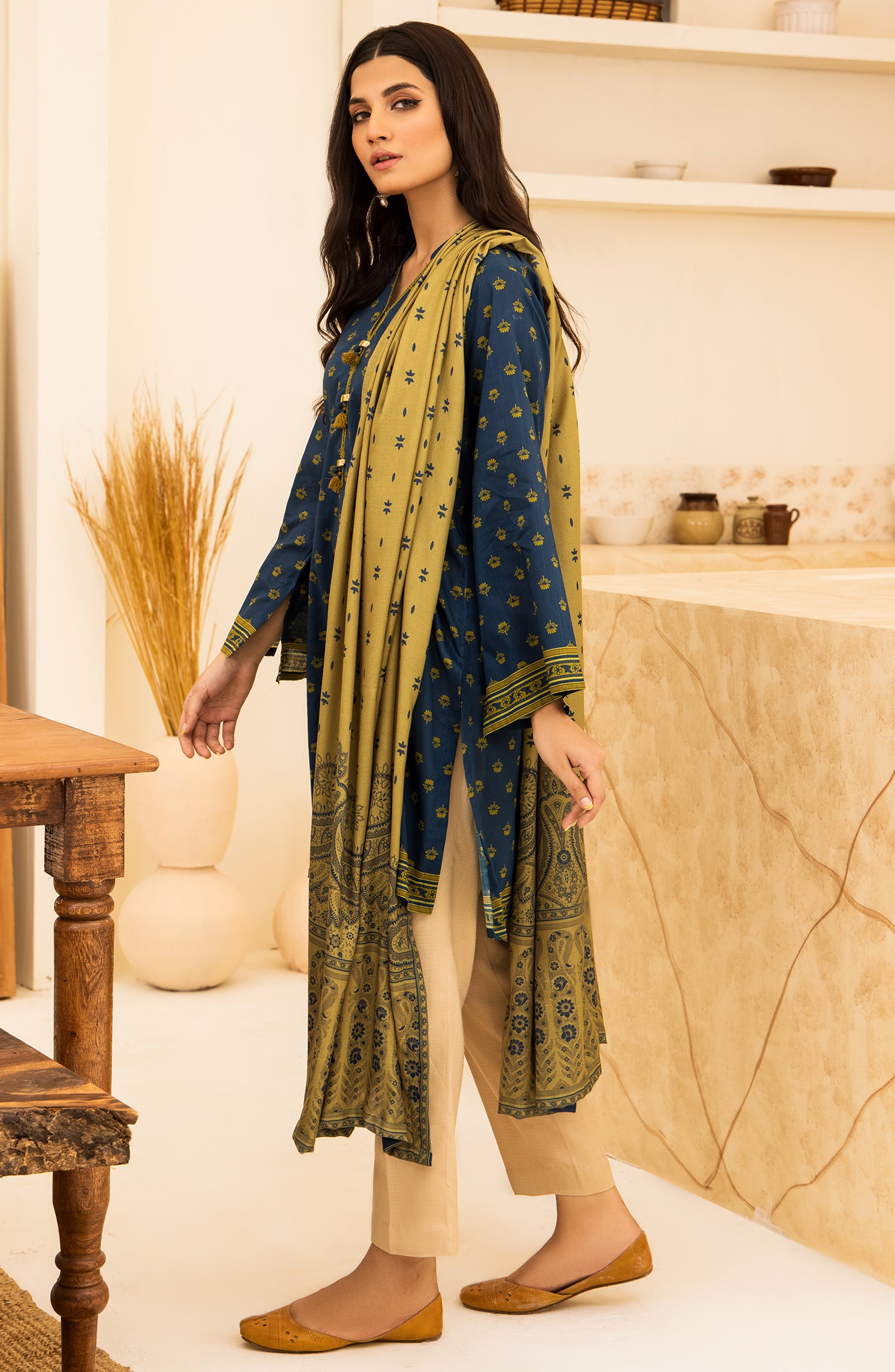 Unstitched 2 Piece Printed Khaddar Shirt and Acrylic Shawl Dupatta