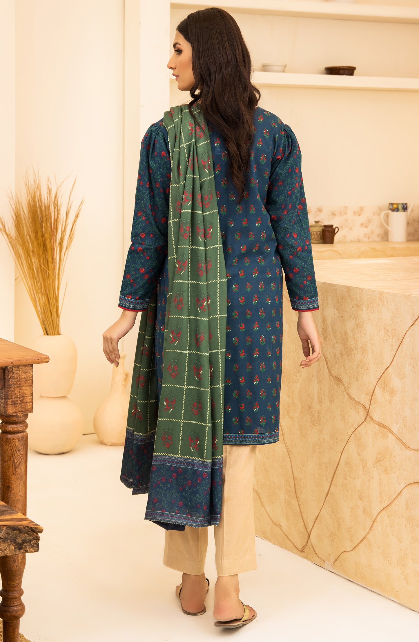 Unstitched 2 Piece Printed Khaddar Shirt and Acrylic Shawl Dupatta