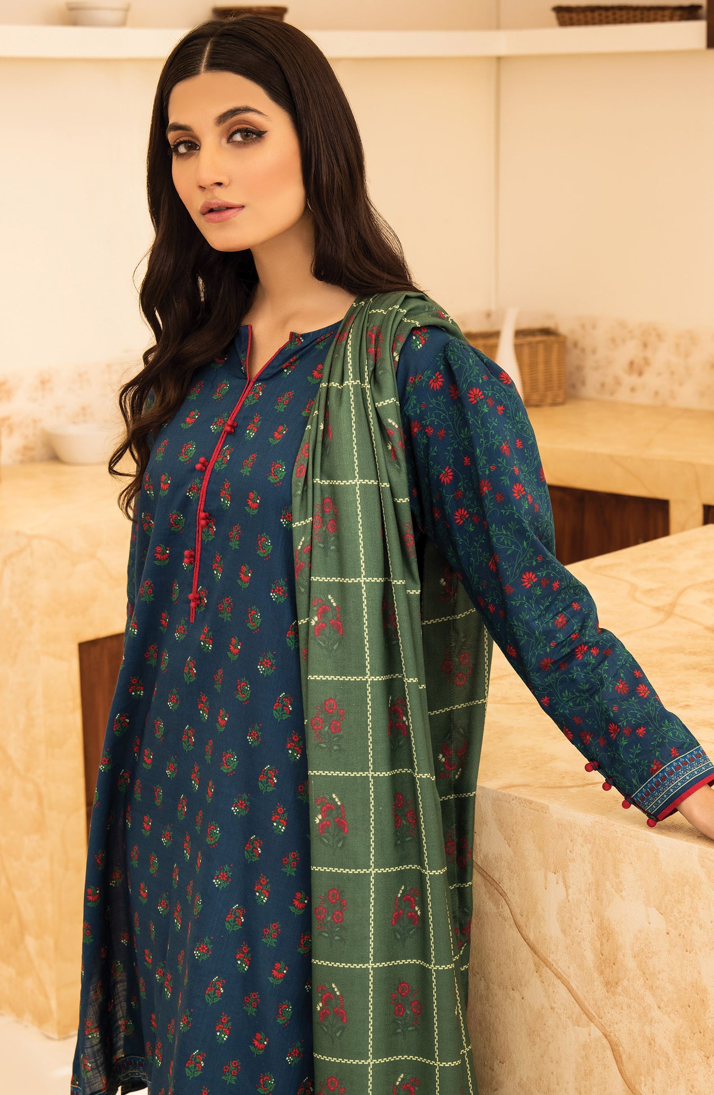 Unstitched 2 Piece Printed Khaddar Shirt and Acrylic Shawl Dupatta