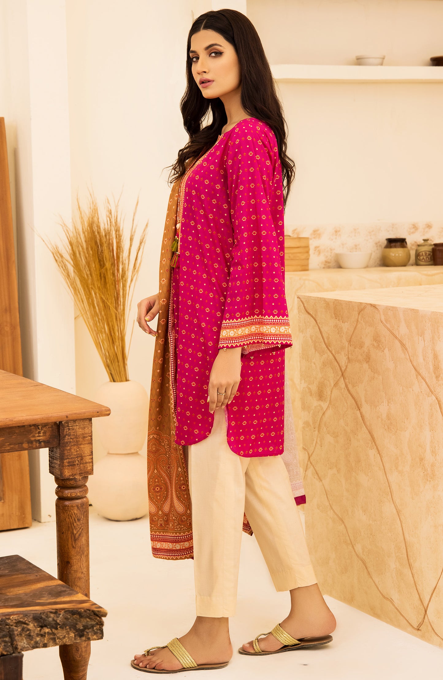 Unstitched 2 Piece Printed Khaddar Shirt and Acrylic Shawl Dupatta