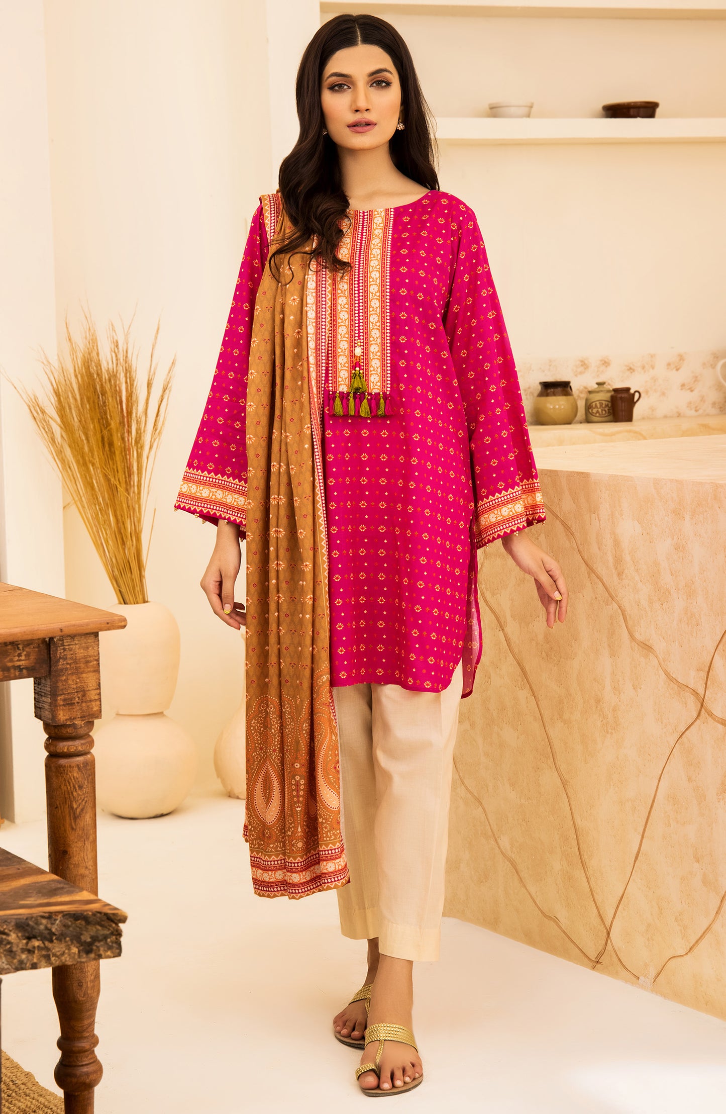 Unstitched 2 Piece Printed Khaddar Shirt and Acrylic Shawl Dupatta