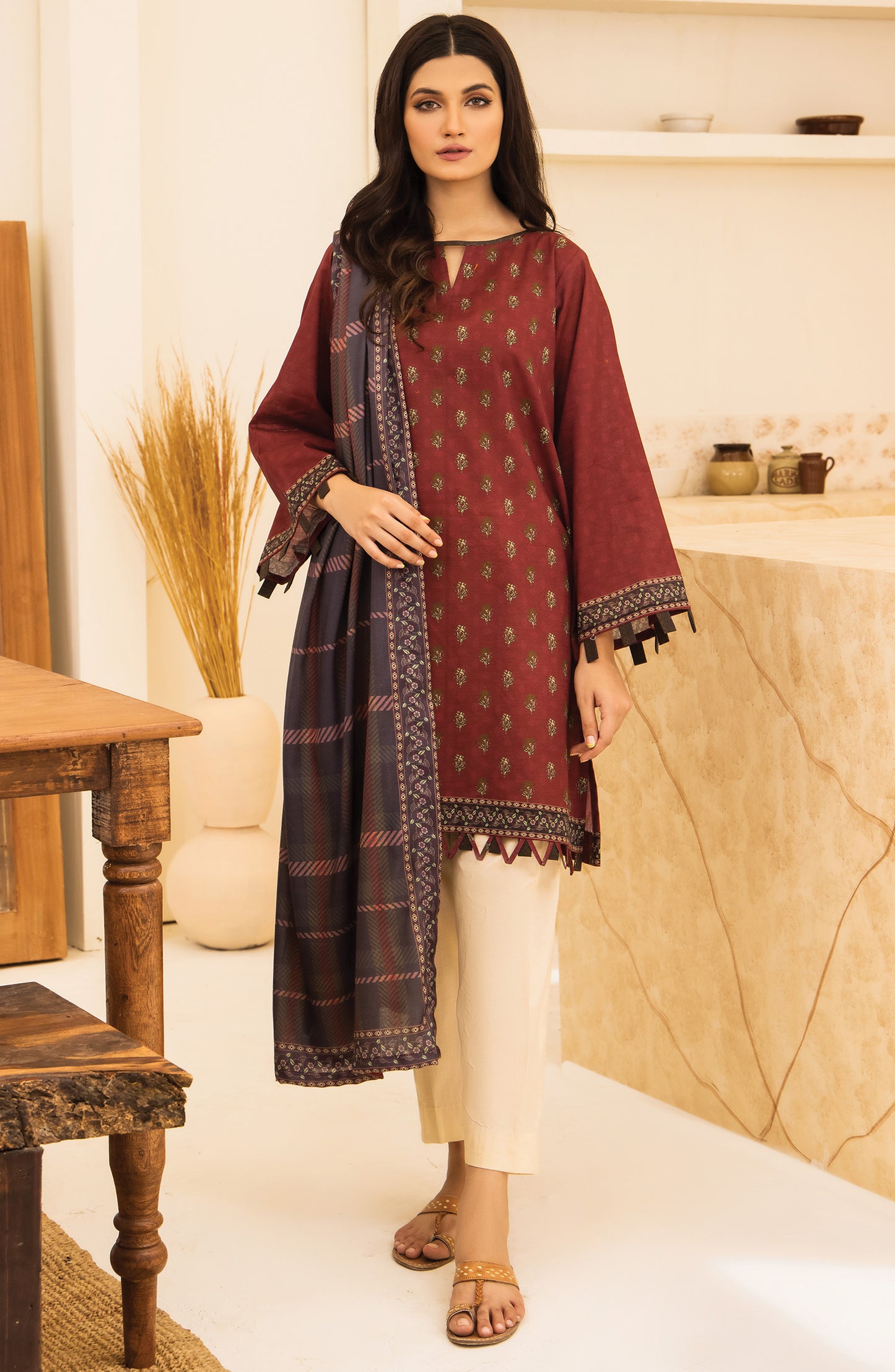Unstitched 2 Piece Printed Khaddar Shirt and Acrylic Shawl Dupatta