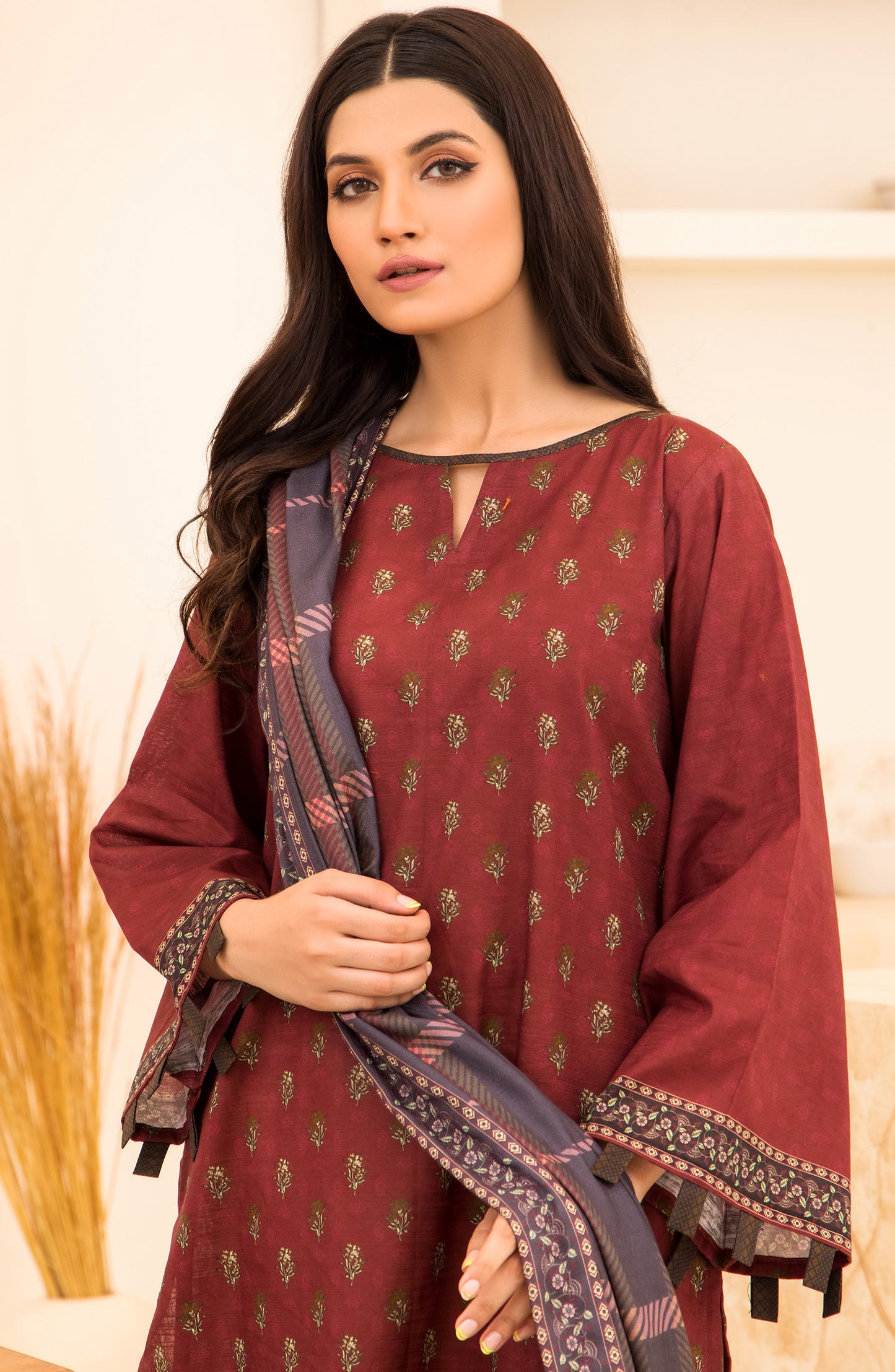 Unstitched 2 Piece Printed Khaddar Shirt and Acrylic Shawl Dupatta