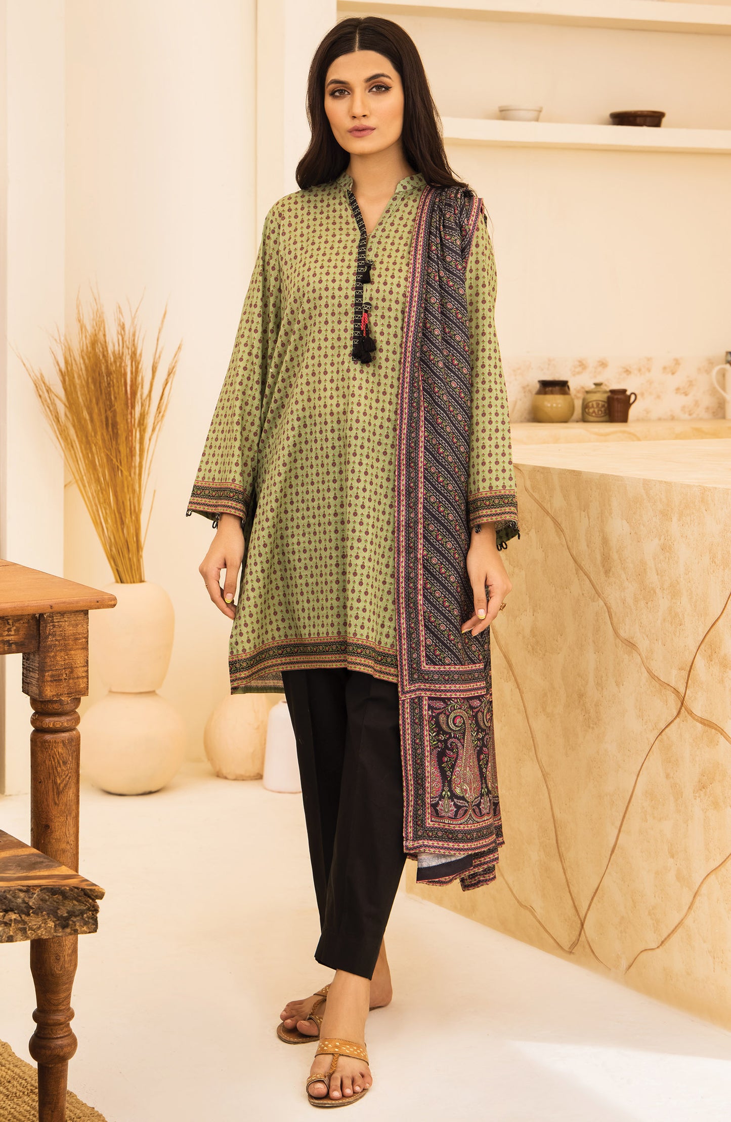Unstitched 2 Piece Printed Khaddar Shirt and Acrylic Shawl Dupatta