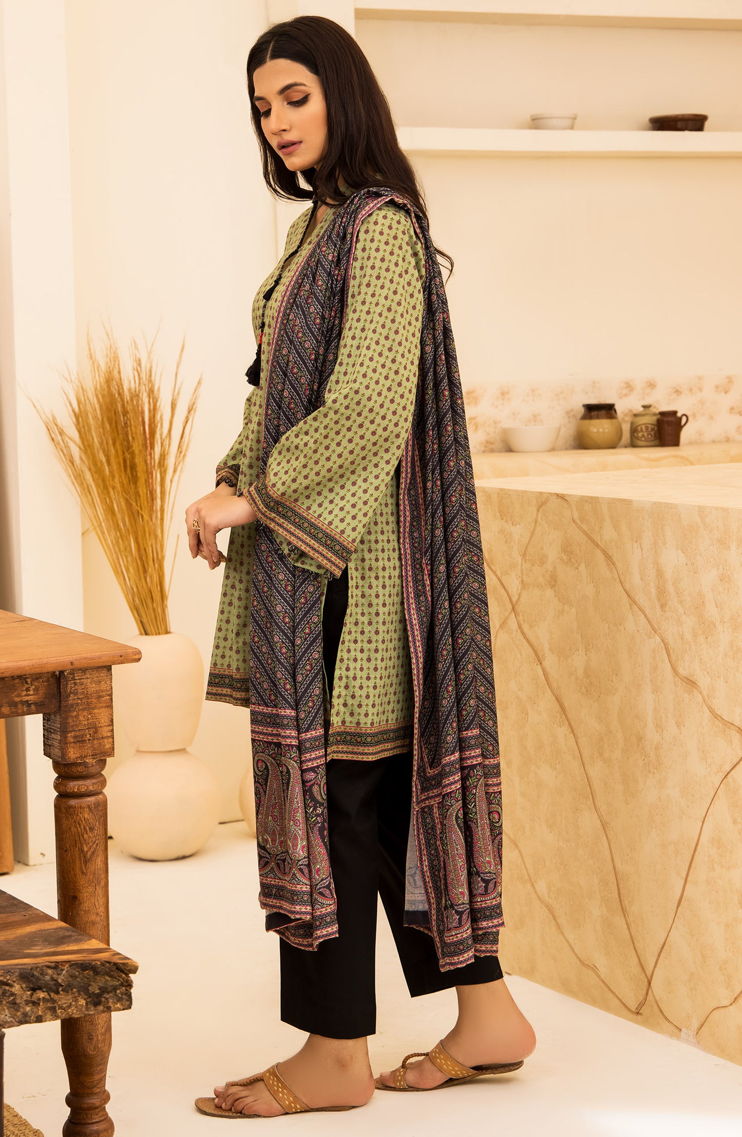 Unstitched 2 Piece Printed Khaddar Shirt and Acrylic Shawl Dupatta