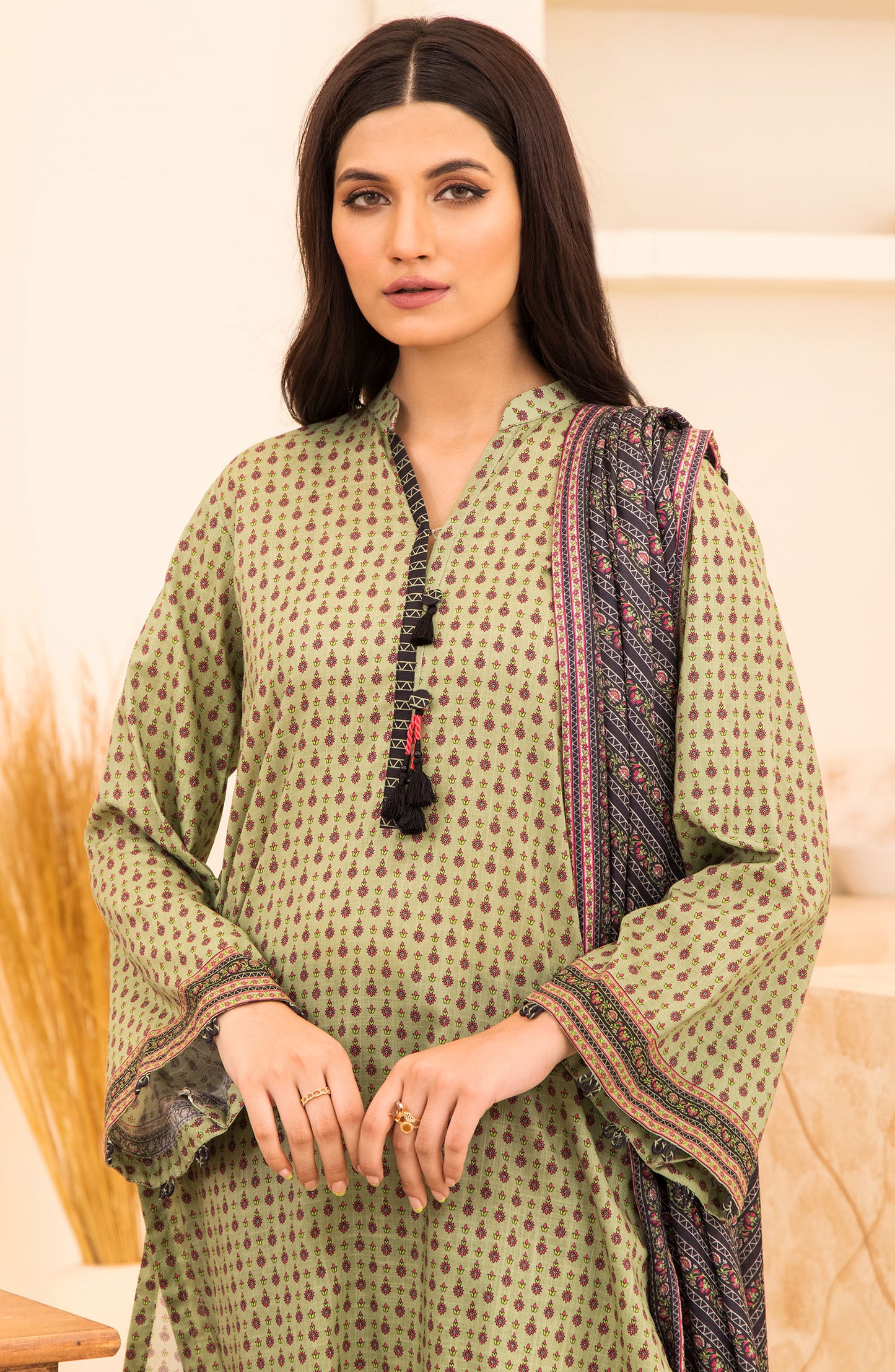 Unstitched 2 Piece Printed Khaddar Shirt and Acrylic Shawl Dupatta