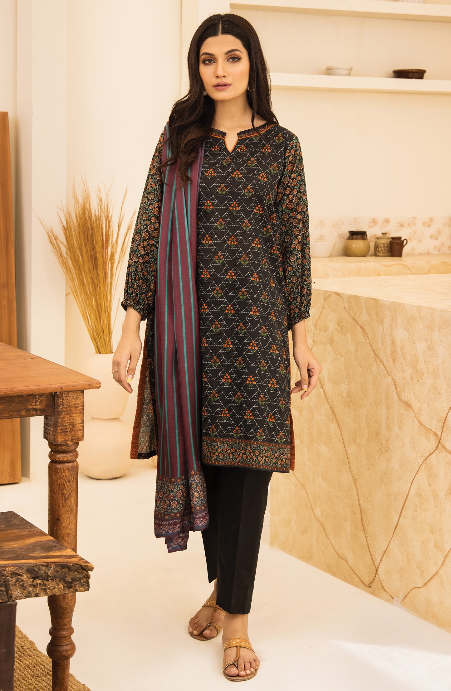 Unstitched 2 Piece Printed Khaddar Shirt and Acrylic Shawl Dupatta