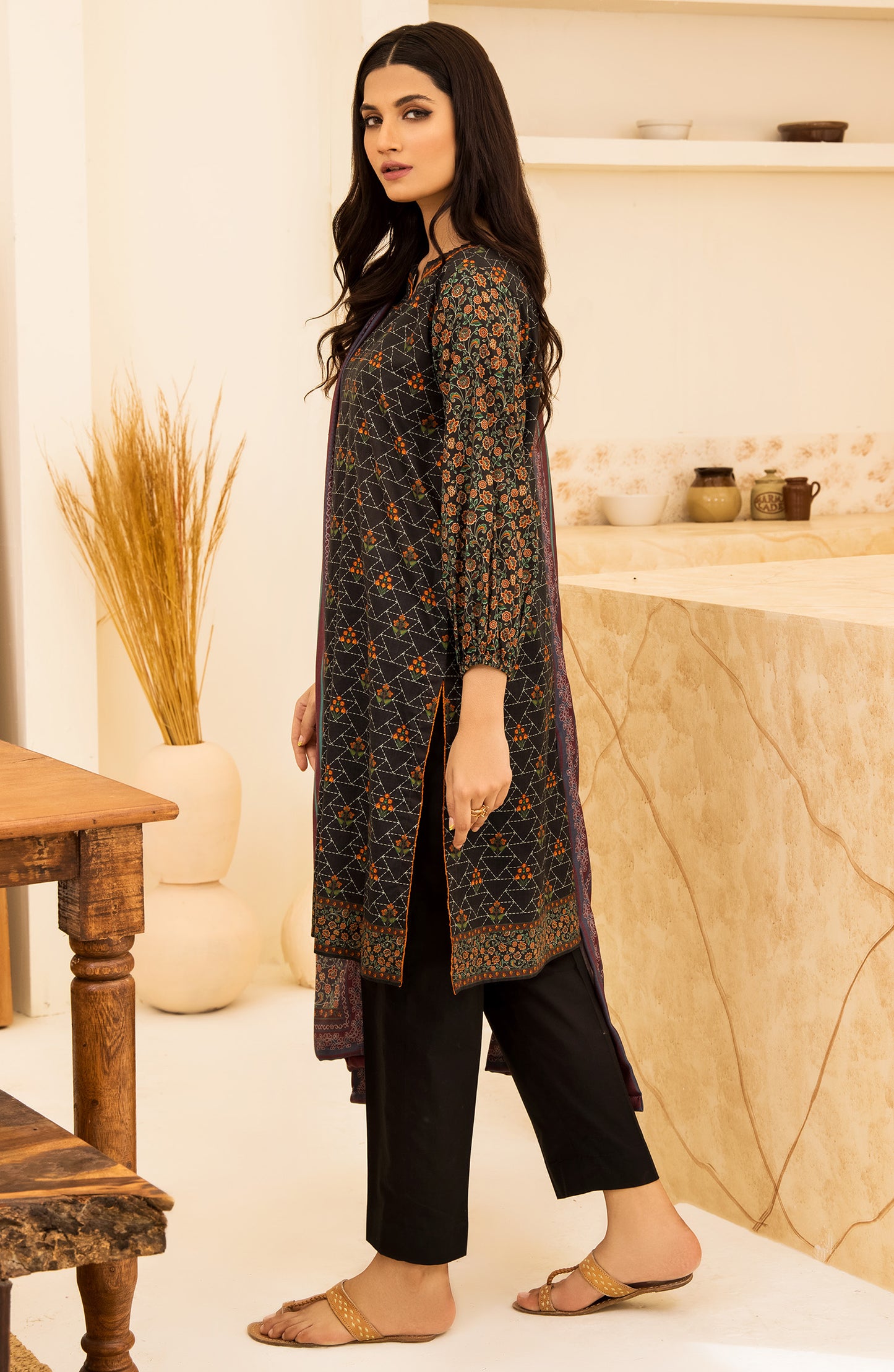 Unstitched 2 Piece Printed Khaddar Shirt and Acrylic Shawl Dupatta