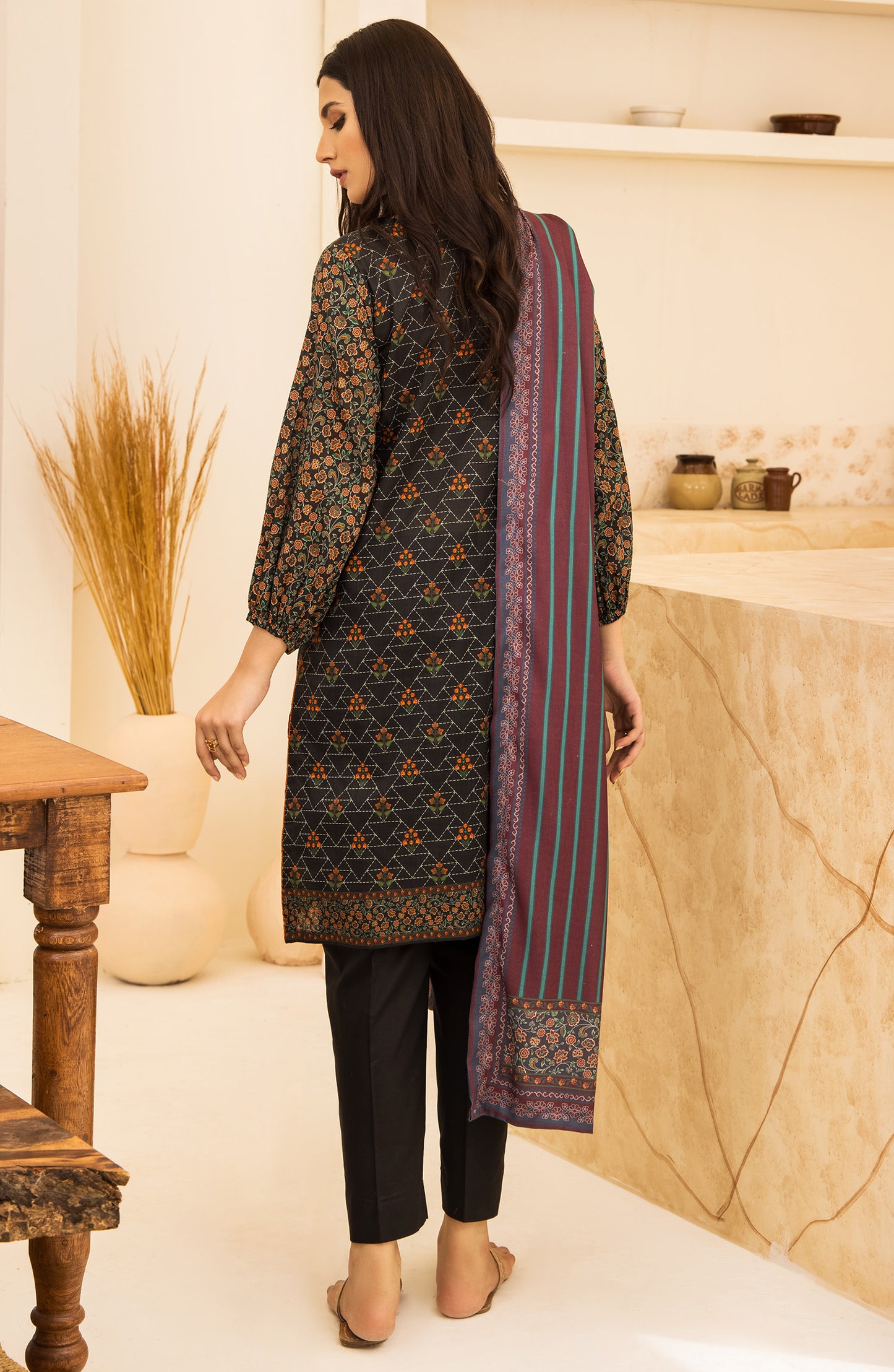 Unstitched 2 Piece Printed Khaddar Shirt and Acrylic Shawl Dupatta