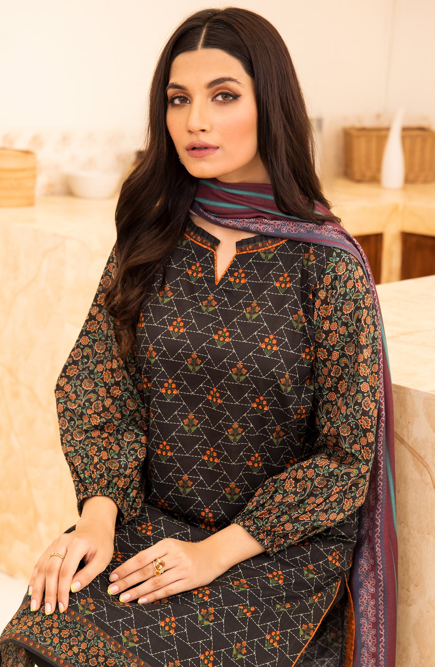 Unstitched 2 Piece Printed Khaddar Shirt and Acrylic Shawl Dupatta