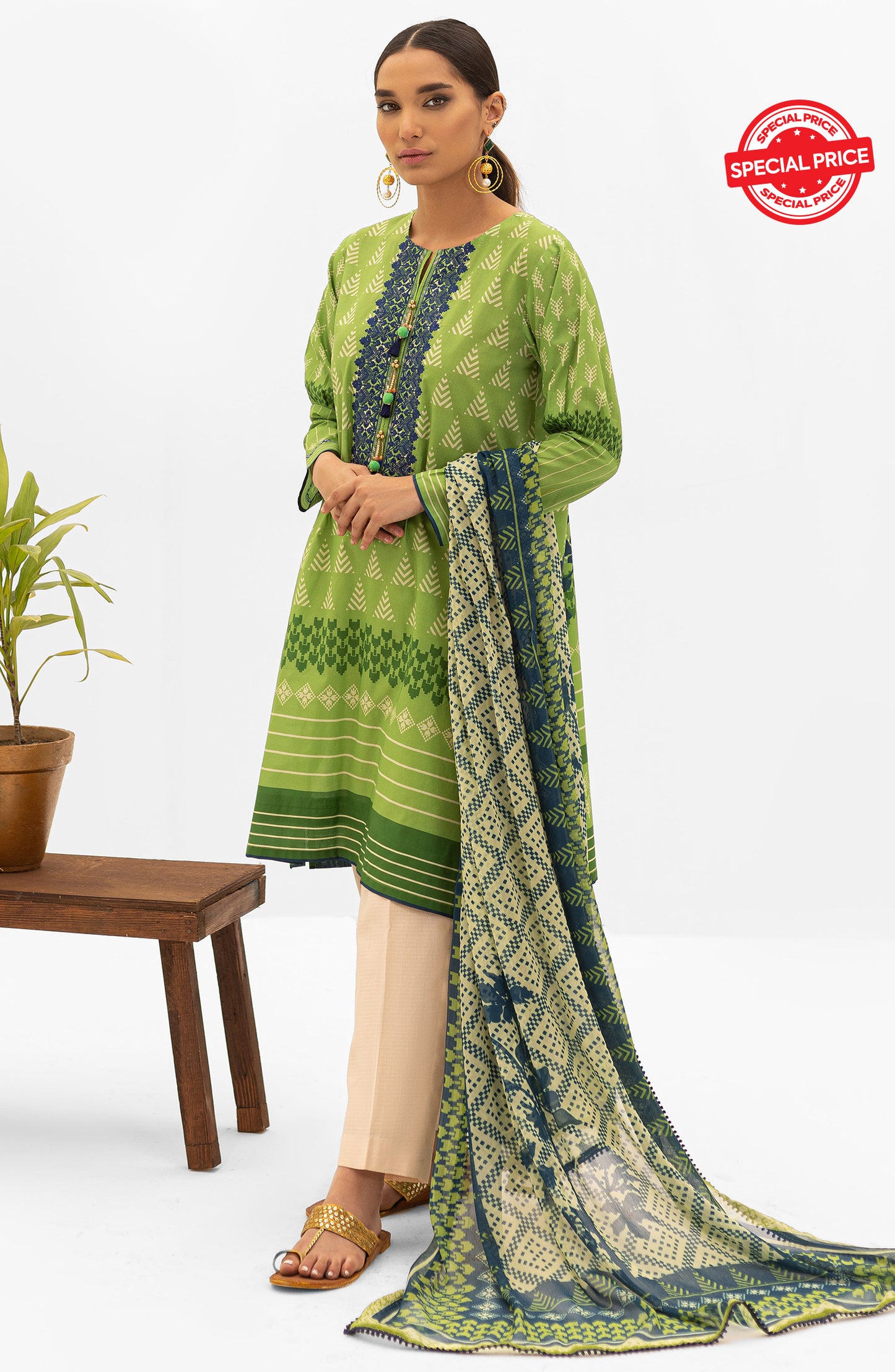 NRDS-21-100/U GREEN LAWN  UNSTITCHED SHIRT DUPATTA
