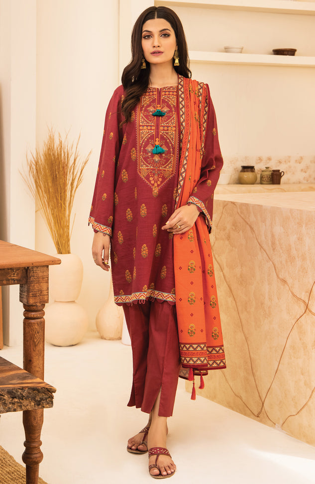 nrds-386-u-maroon Unstitched 3 Piece winter Embroidered Khaddar Shirt , Khaddar Pant and Khaddar Dupatta