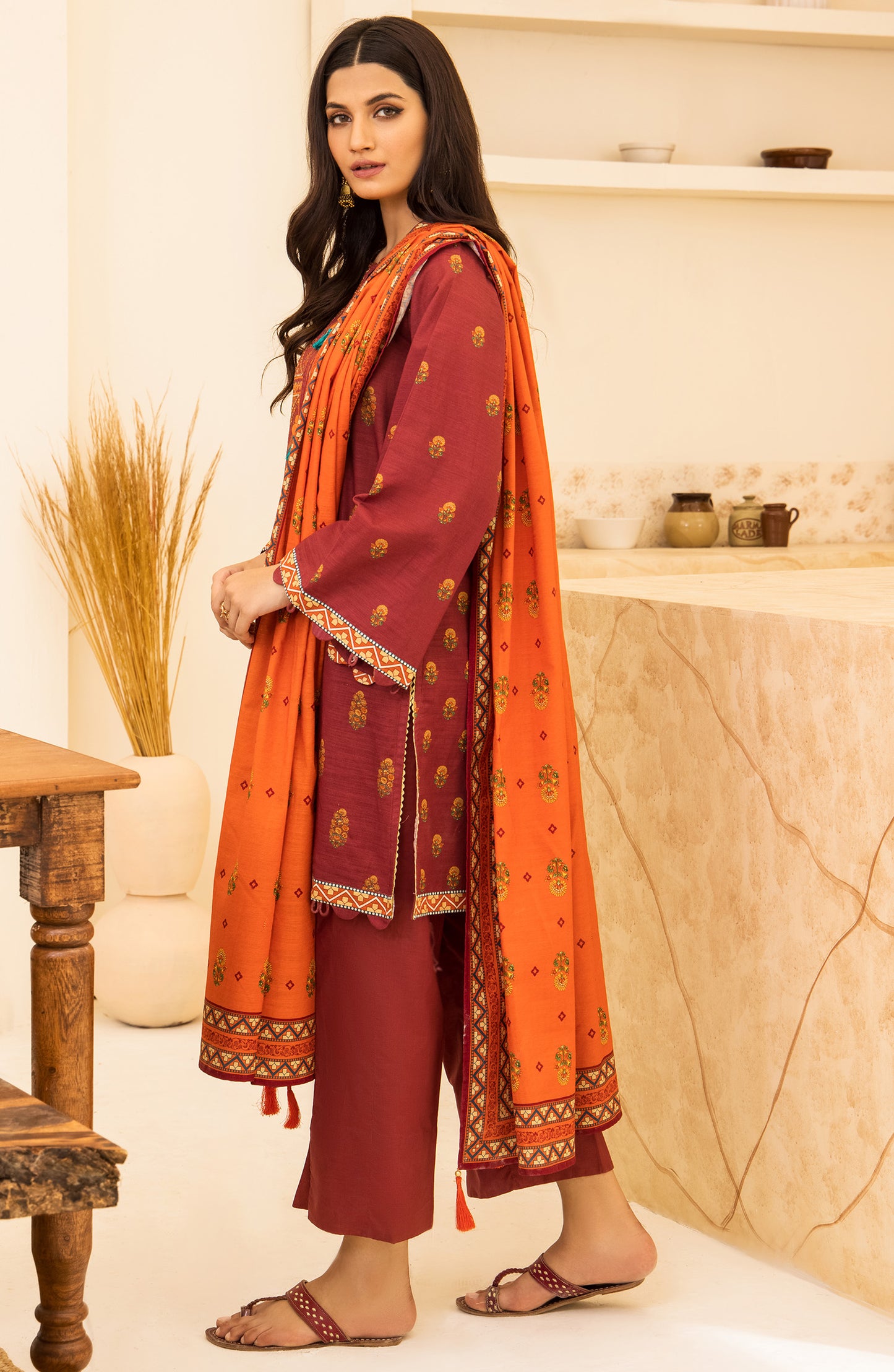 nrds-386-u-maroon Unstitched 3 Piece winter Embroidered Khaddar Shirt , Khaddar Pant and Khaddar Dupatta