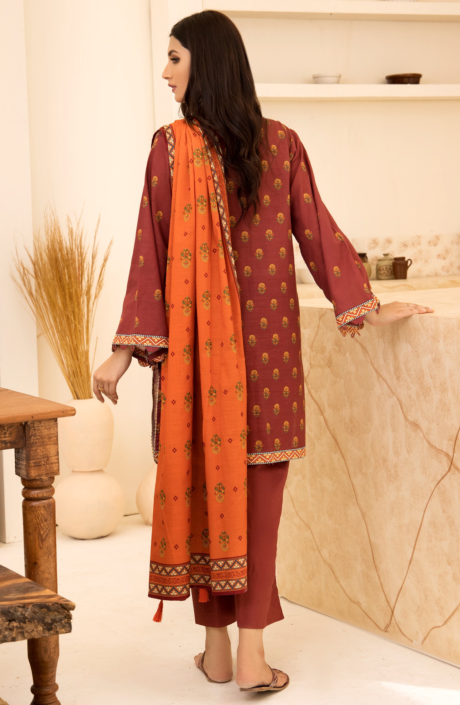 nrds-386-u-maroon Unstitched 3 Piece winter Embroidered Khaddar Shirt , Khaddar Pant and Khaddar Dupatta