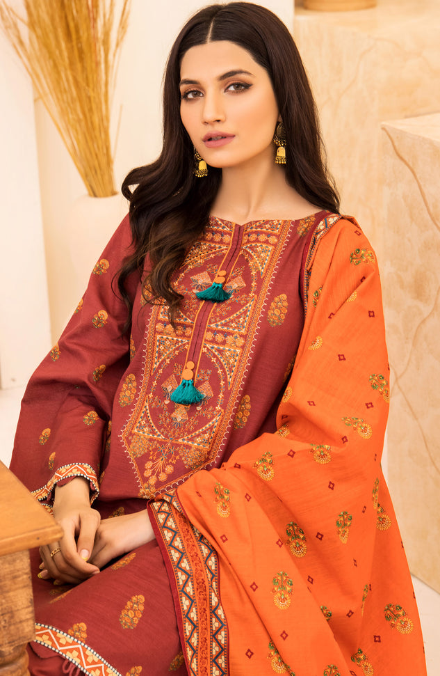 nrds-386-u-maroon Unstitched 3 Piece winter  Embroidered Khaddar Shirt , Khaddar Pant and Khaddar Dupatta 