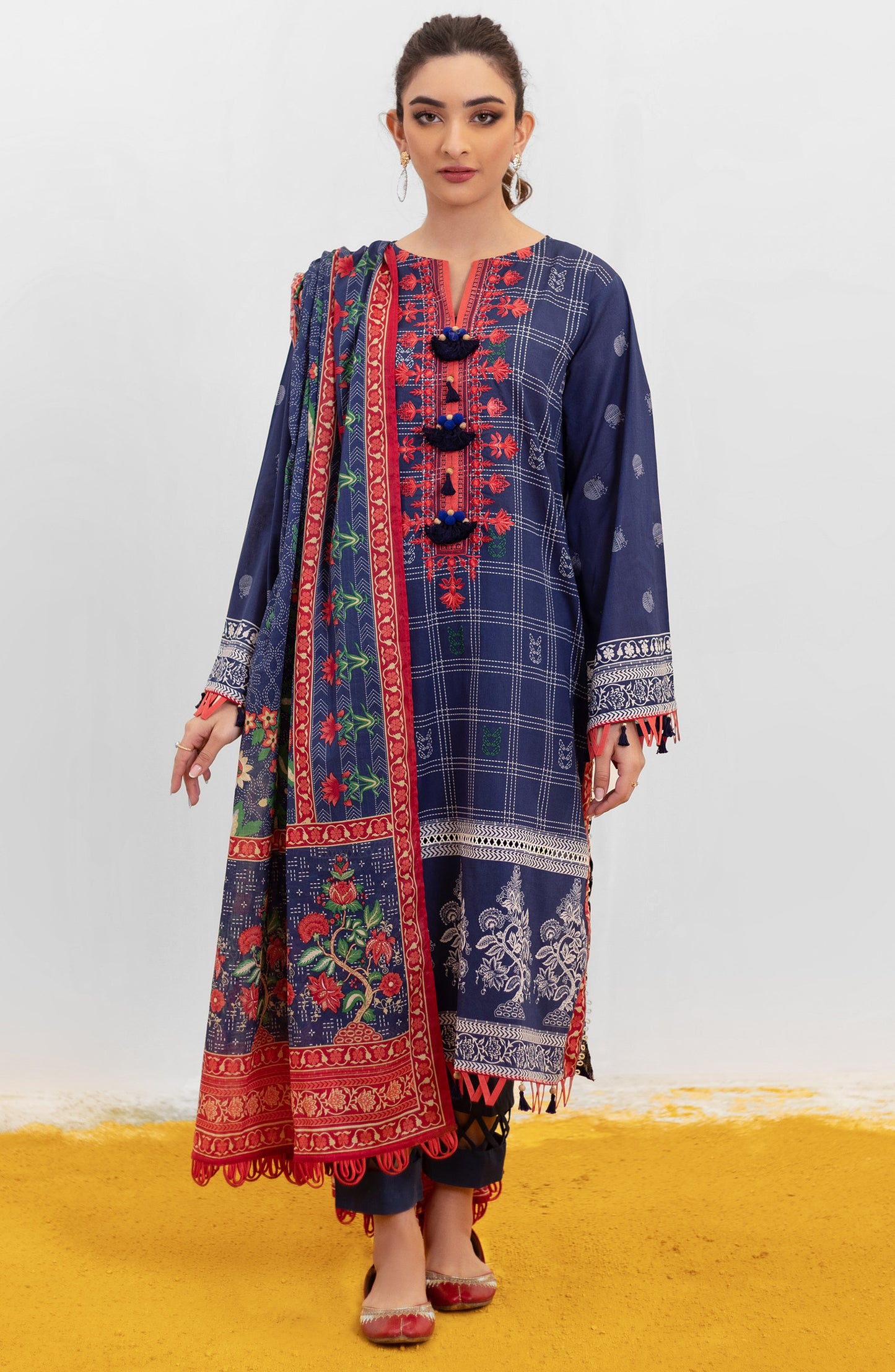 OTL-22-004/U RED LAWN  UNSTITCHED SHIRT DUPATTA PANTS