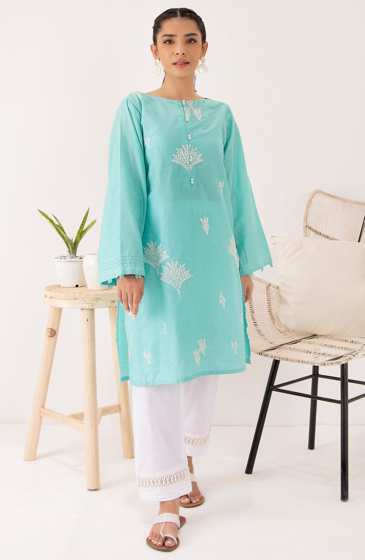 Stitched 1 Piece Embroidered Jacquard Shirt (NREK-63/S TEAL)