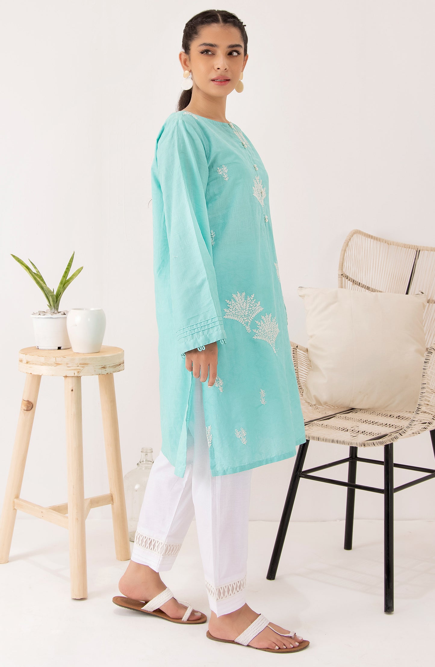 Stitched 1 Piece Embroidered Jacquard Shirt (NREK-63/S TEAL)