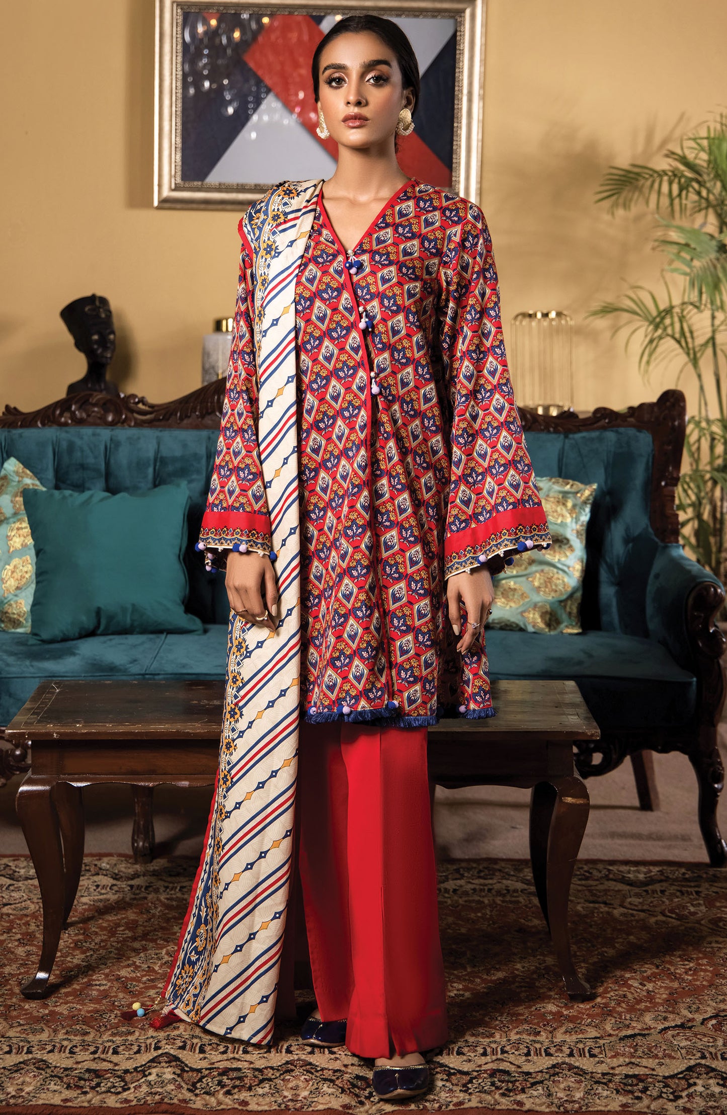 OTL-21-332/U RED COTTEL WINTER UNSTITCHED SHIRT DUPATTA PANTS