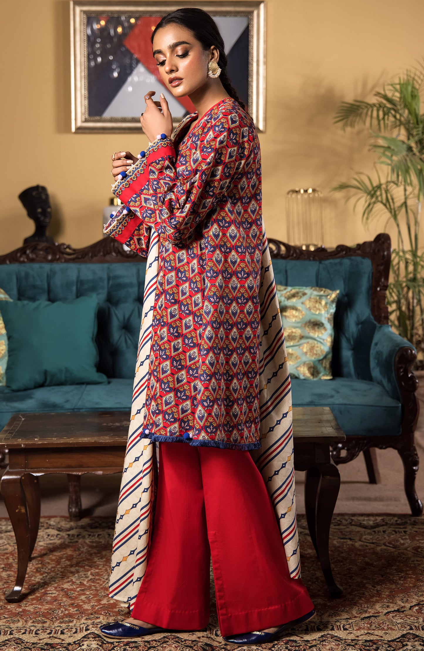 OTL-21-332/U RED COTTEL WINTER UNSTITCHED SHIRT DUPATTA PANTS