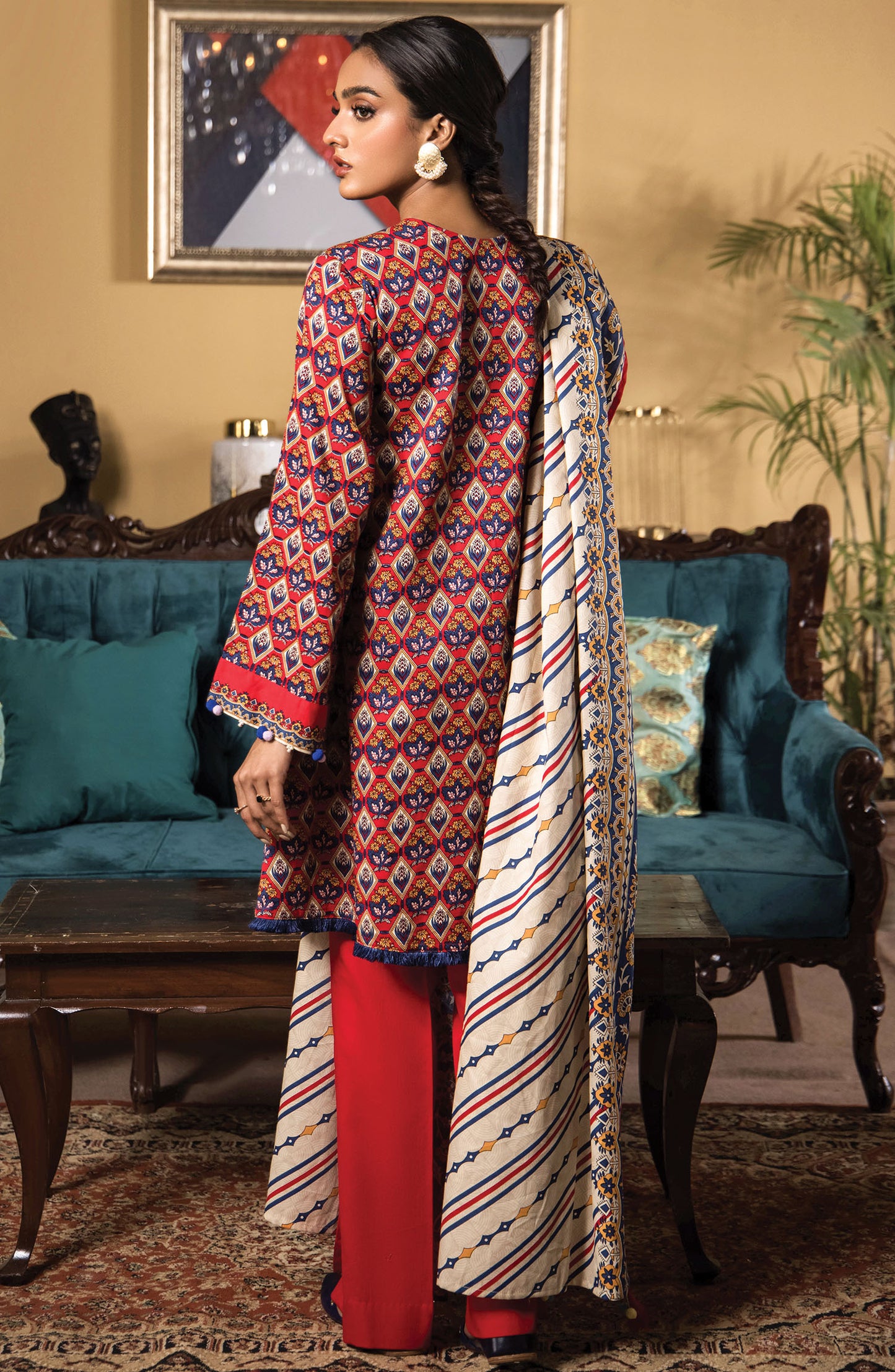 OTL-21-332/U RED COTTEL WINTER UNSTITCHED SHIRT DUPATTA PANTS