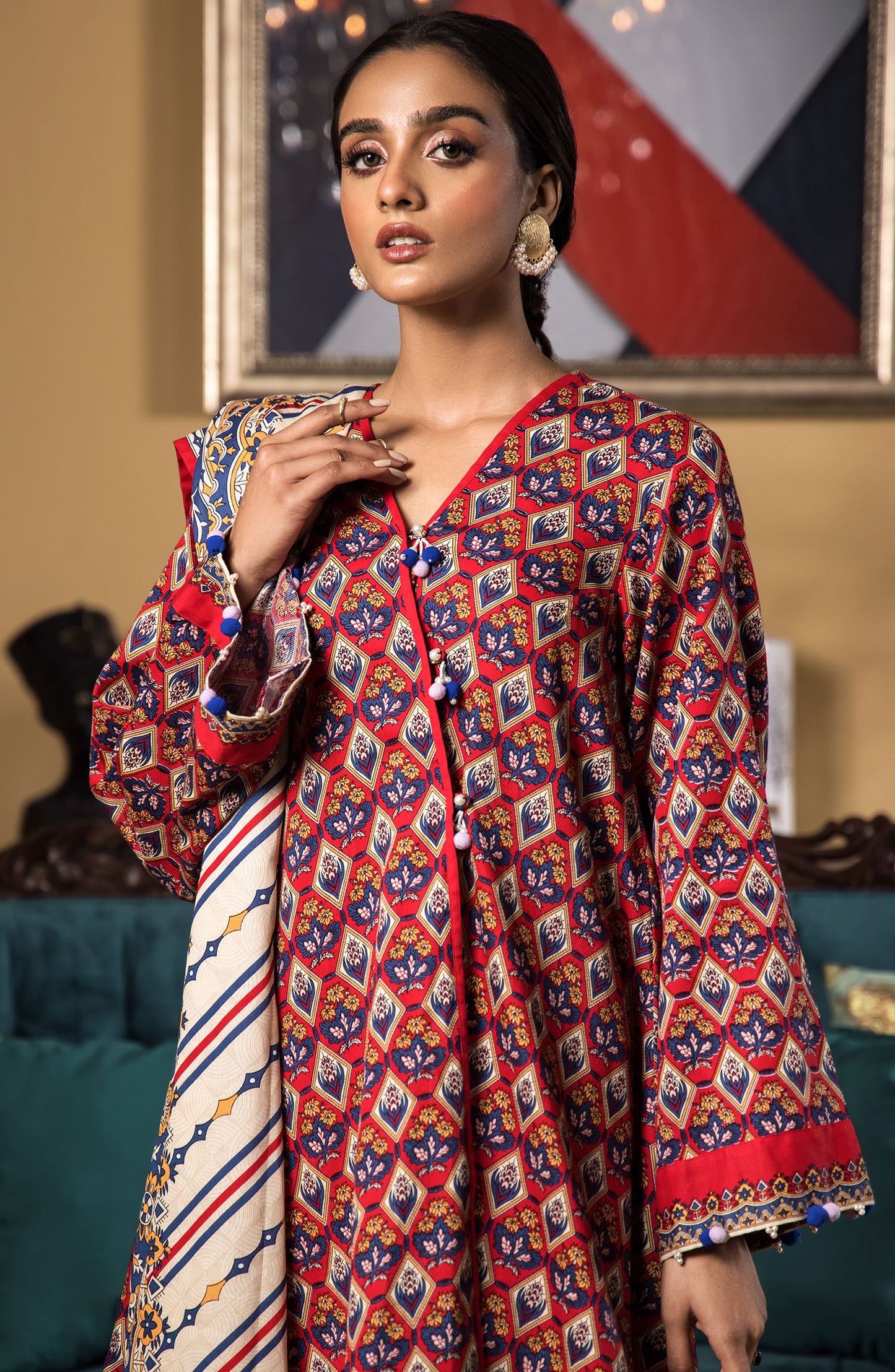OTL-21-332/U RED COTTEL WINTER UNSTITCHED SHIRT DUPATTA PANTS