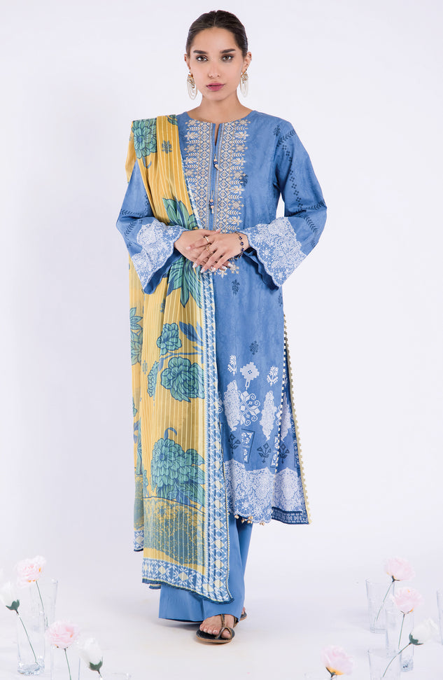 OTL-22-037/U BLUE JACQUARD  UNSTITCHED SHIRT DUPATTA PANTS