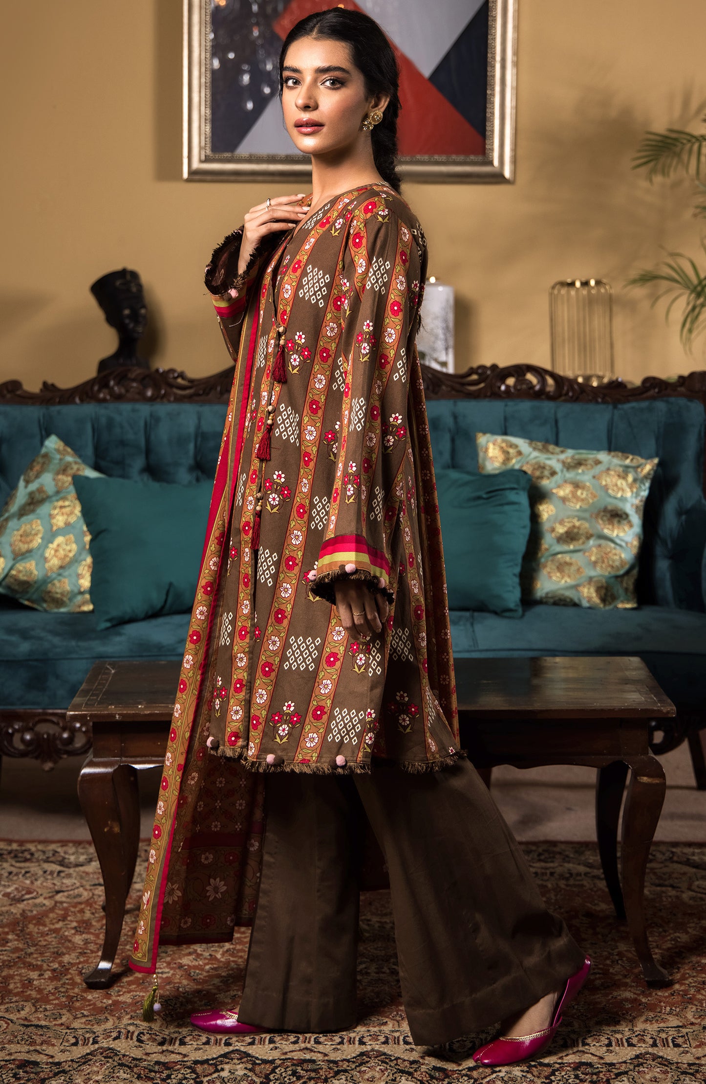 Unstitched 3 Piece Printed Cottel Shirt , Cottel Pant and Cottel Dupatta (OTL-21-330/U BROWN)