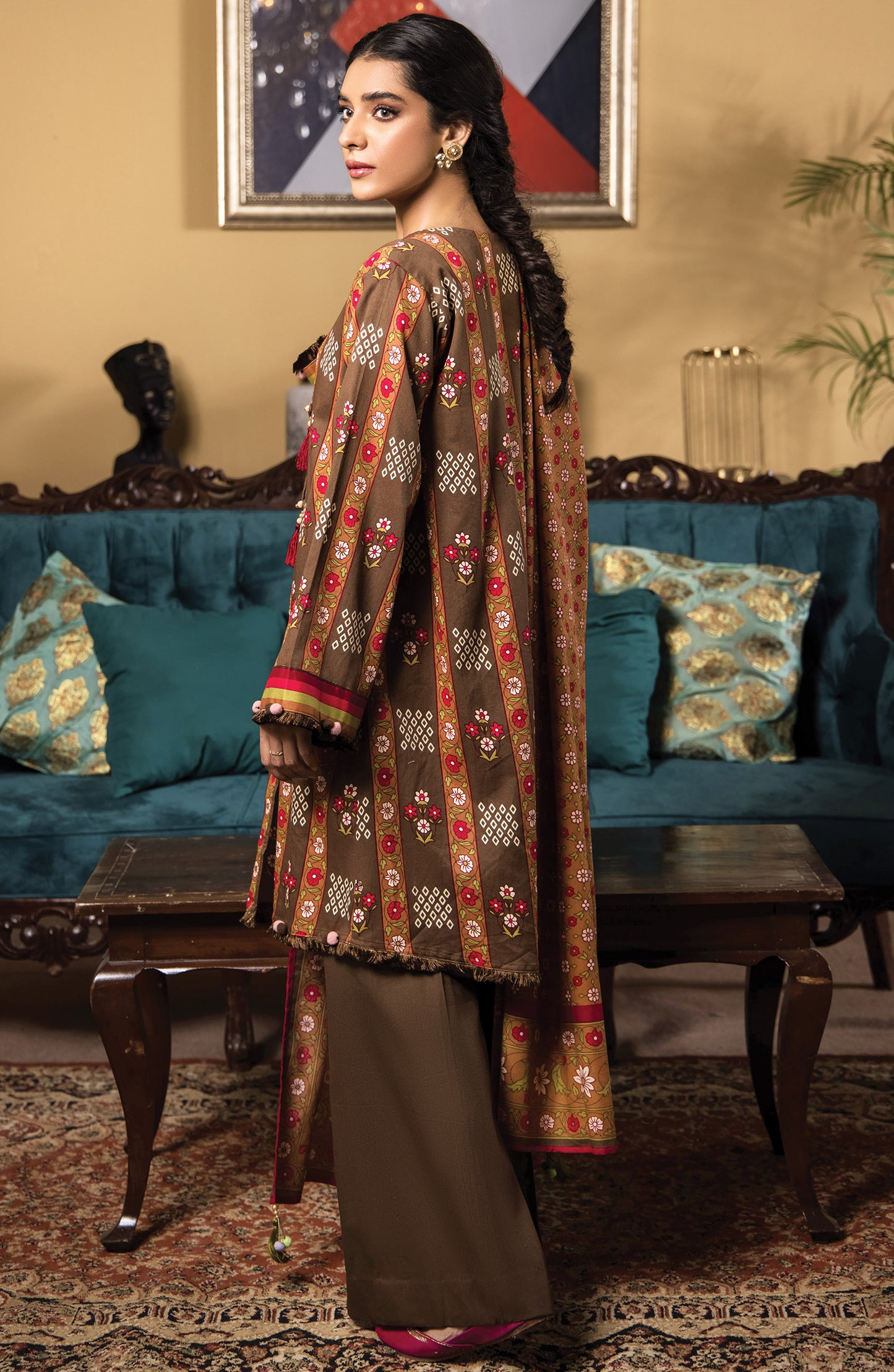 Unstitched 3 Piece Printed Cottel Shirt , Cottel Pant and Cottel Dupatta (OTL-21-330/U BROWN)