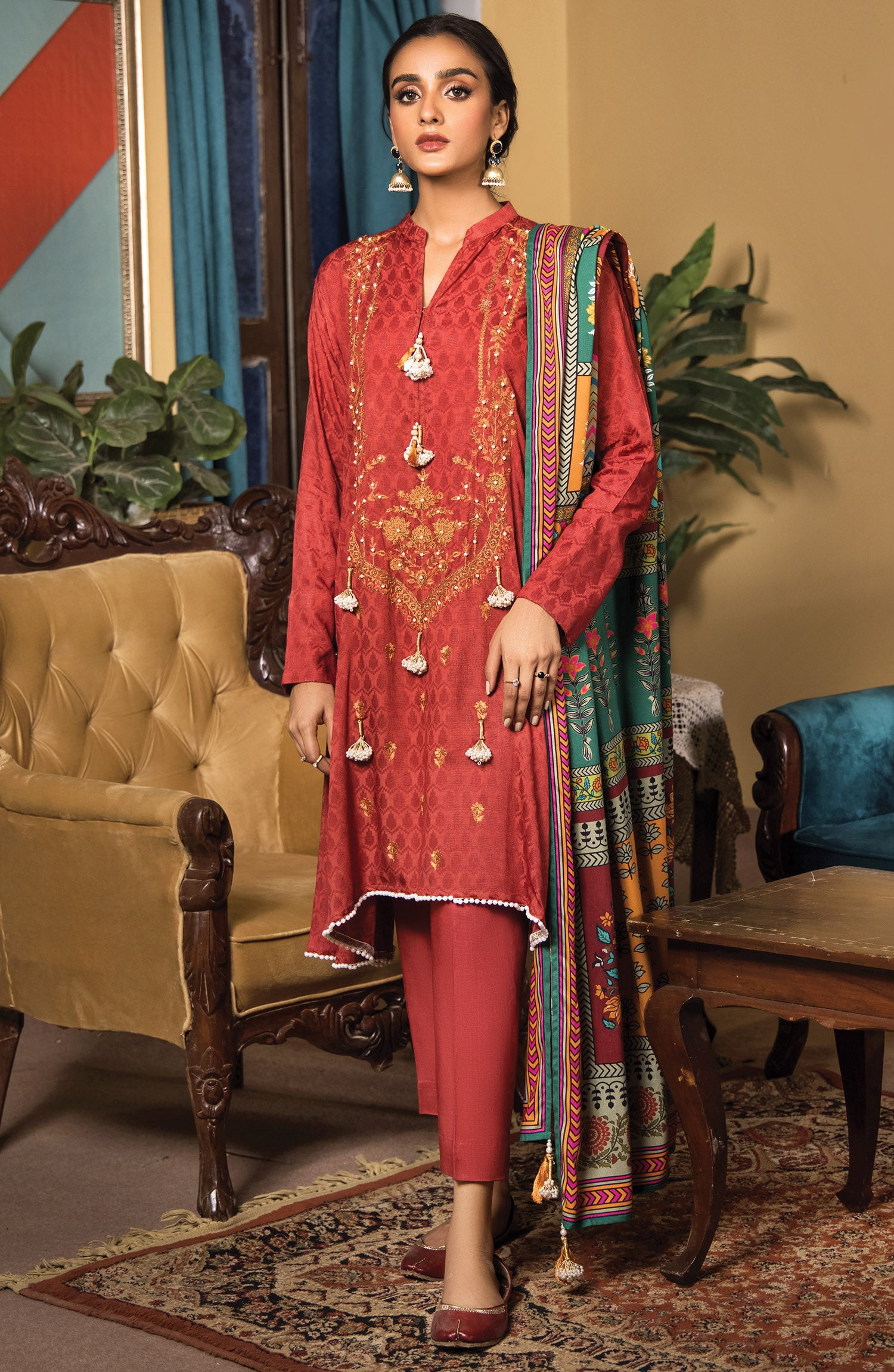 Unstitched 3 Piece Embroidered Linen Shirt , Acrylic Pant and Linen Dupatta (OTL-21-324/U MAROON)