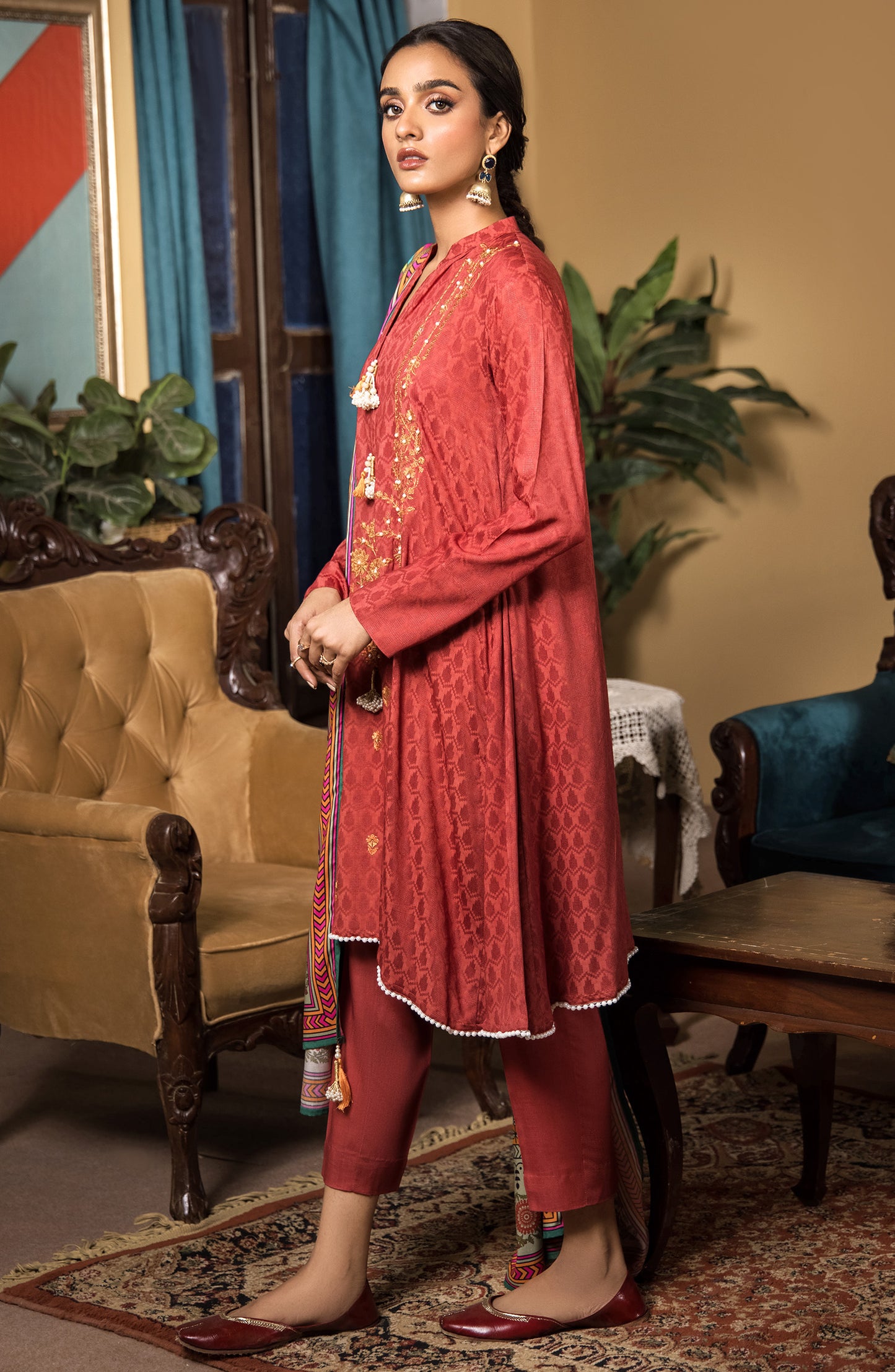 OTL-21-324/U MAROON LINEN WINTER UNSTITCHED SHIRT DUPATTA PANTS