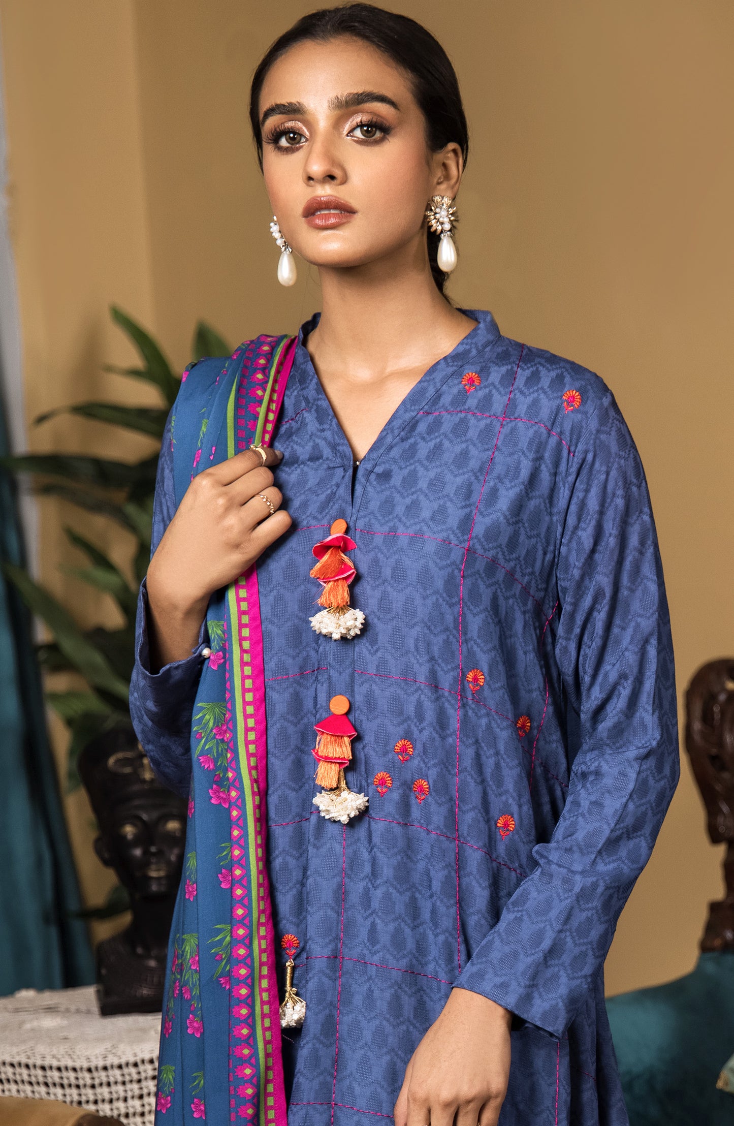 OTL-21-323/U BLUE LINEN WINTER UNSTITCHED SHIRT DUPATTA PANTS