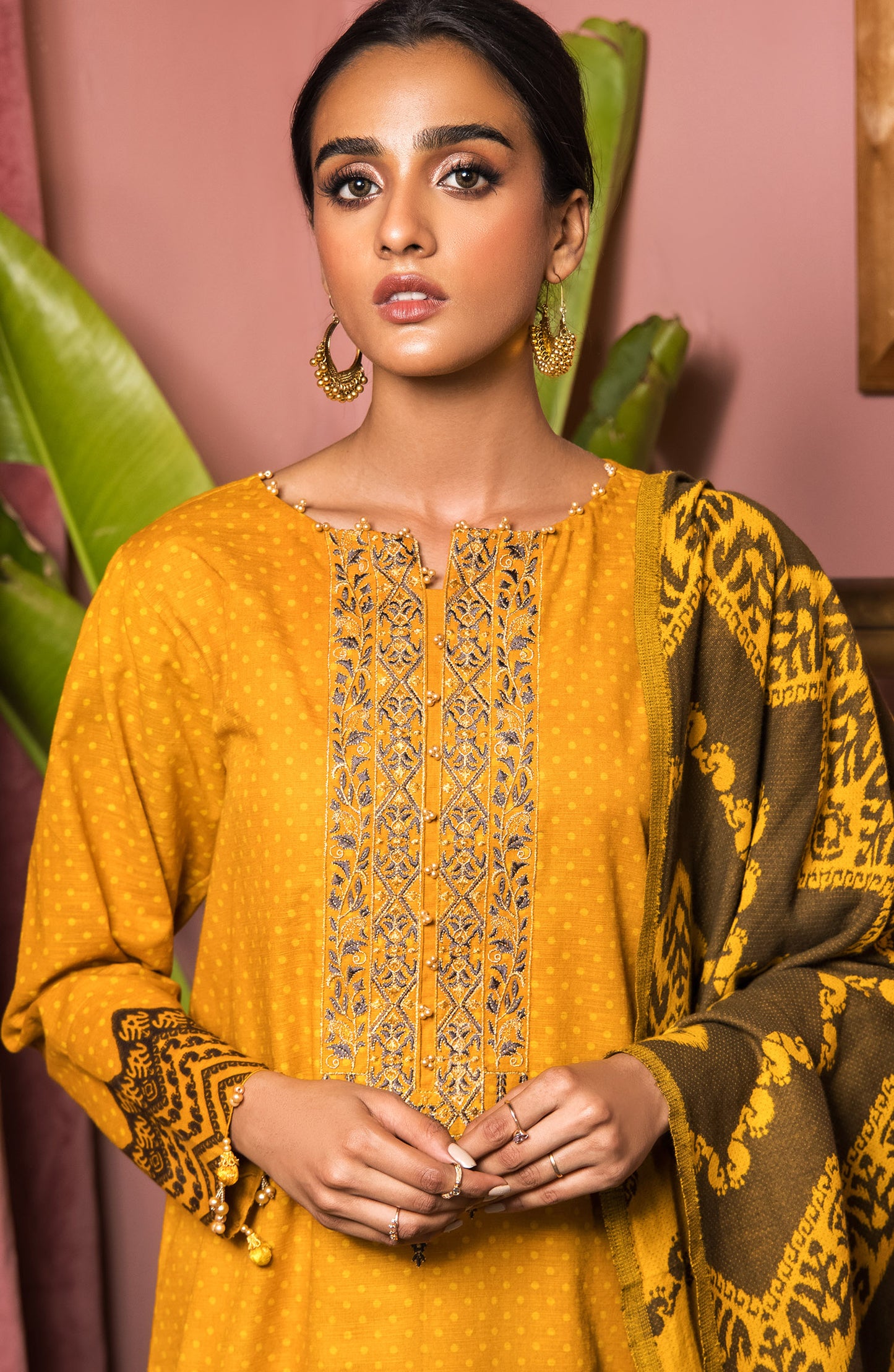 OTL-21-328/U MUSTARD KHADDAR WINTER UNSTITCHED SHIRT DUPATTA PANTS