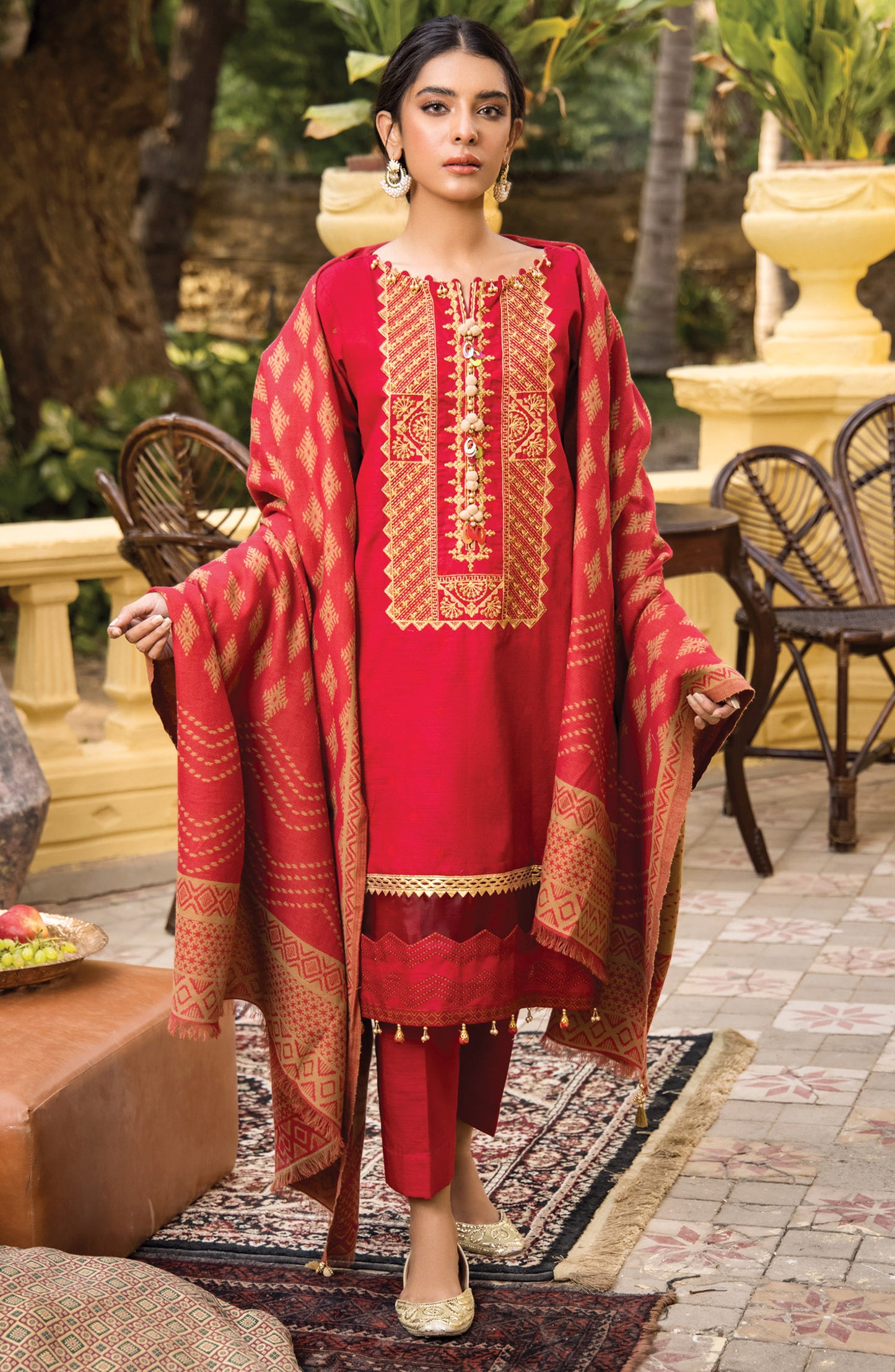 Unstitched 3 Piece Embroidered Khaddar Shirt , Khaddar Pant and JACQUARD Dupatta