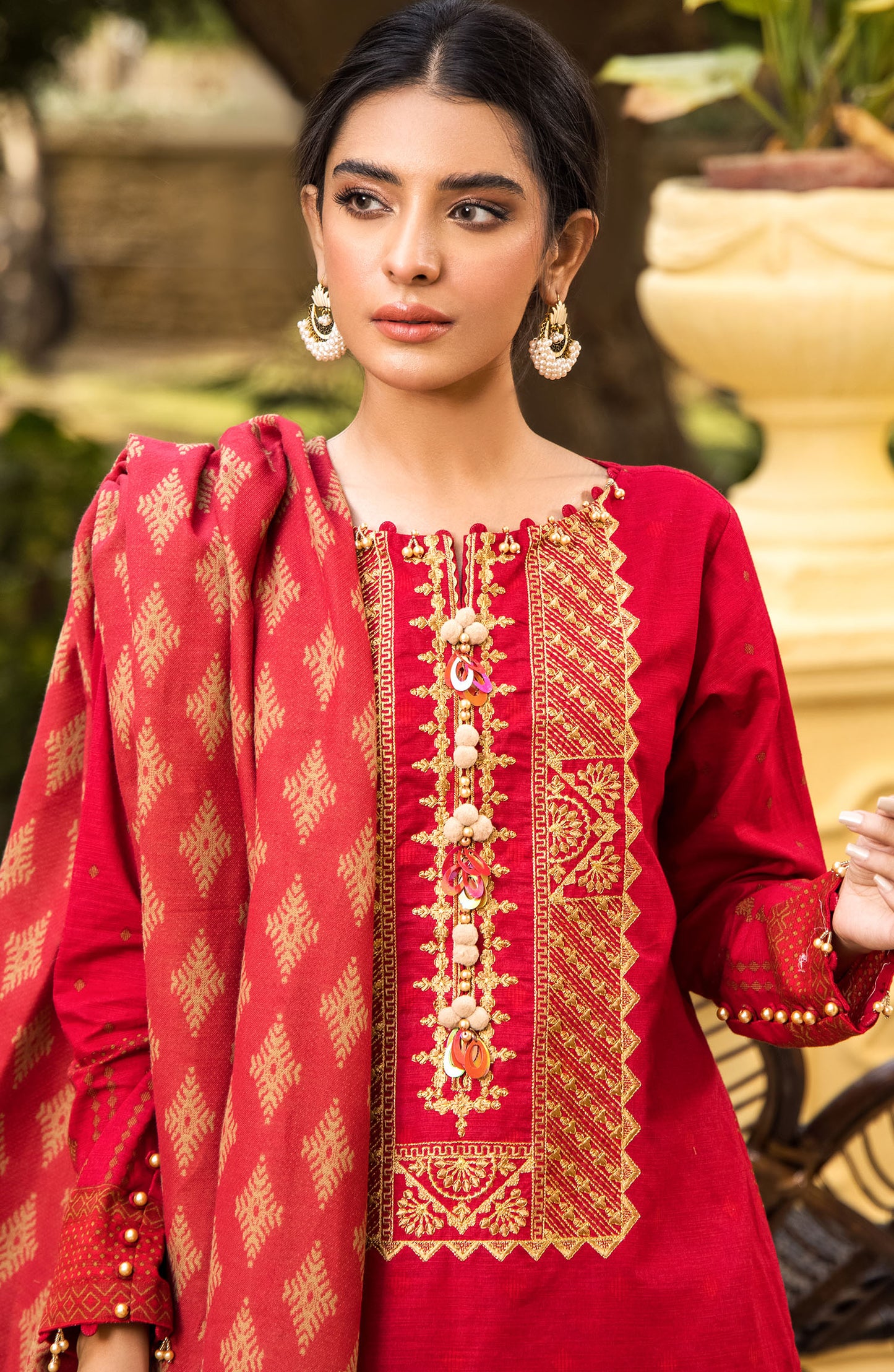 OTL-21-329/U RED KHADDAR WINTER UNSTITCHED SHIRT DUPATTA PANTS