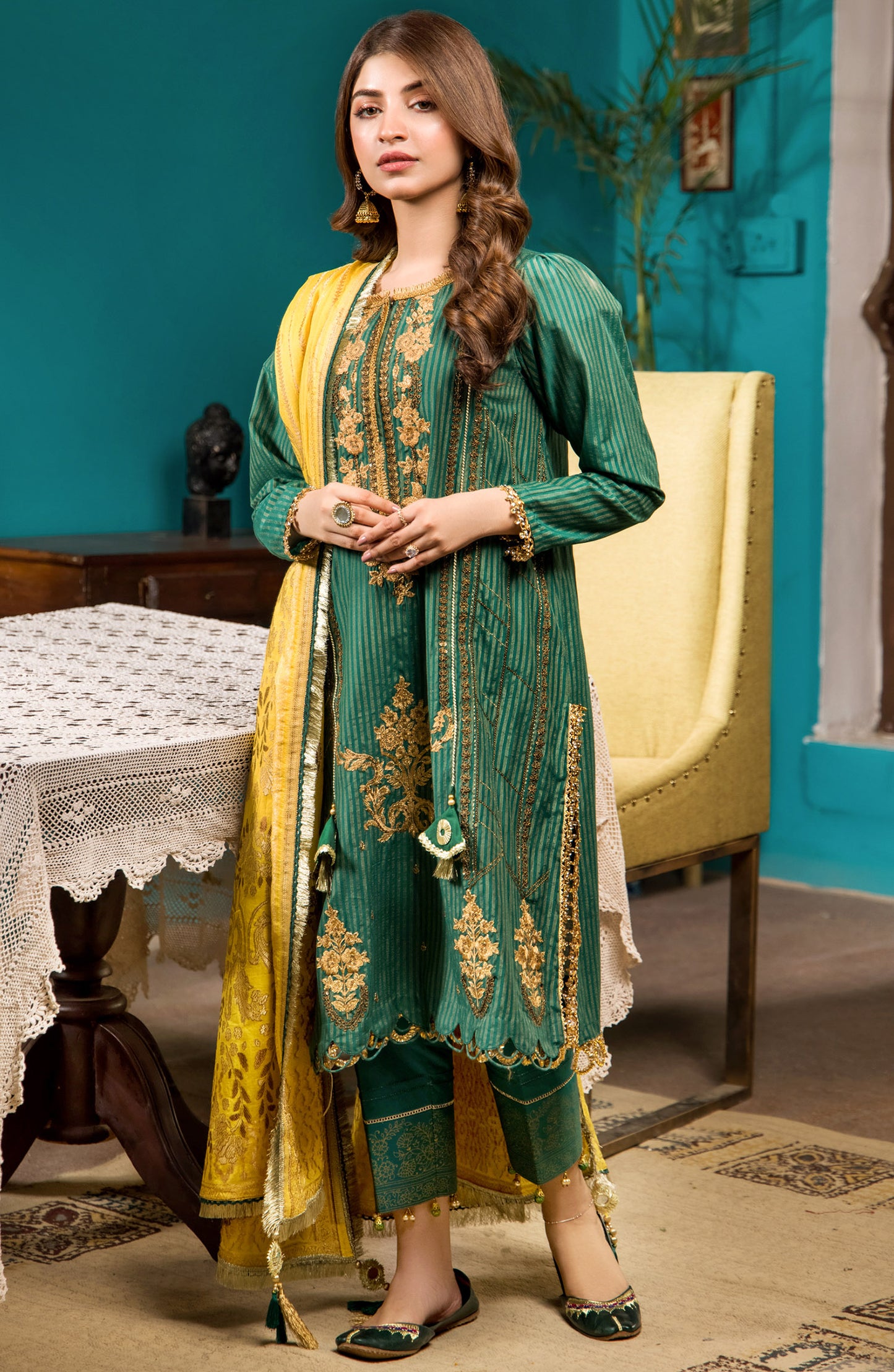 Unstitched 3 Piece Embroidered Fancy Maysuri Shirt , Cambric Pant and JACQUARD Dupatta