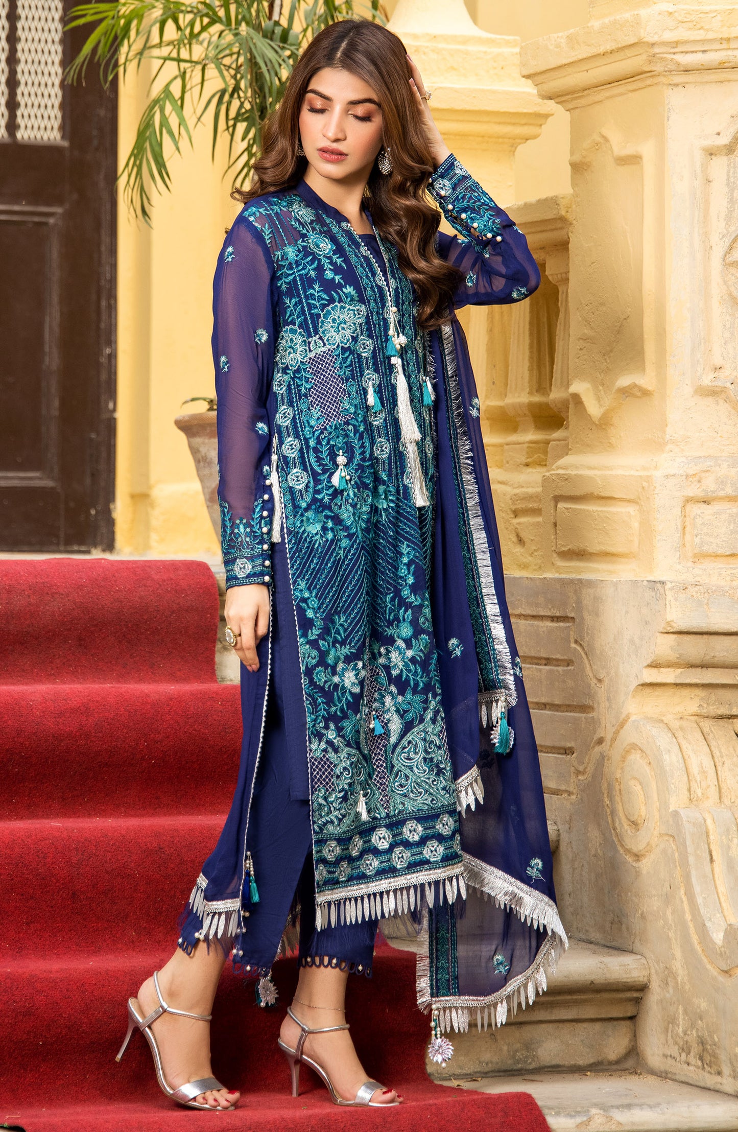 Unstitched 3 Piece Embroidered Chiffon Shirt , Raw Silk Pant and Chiffon Dupatta