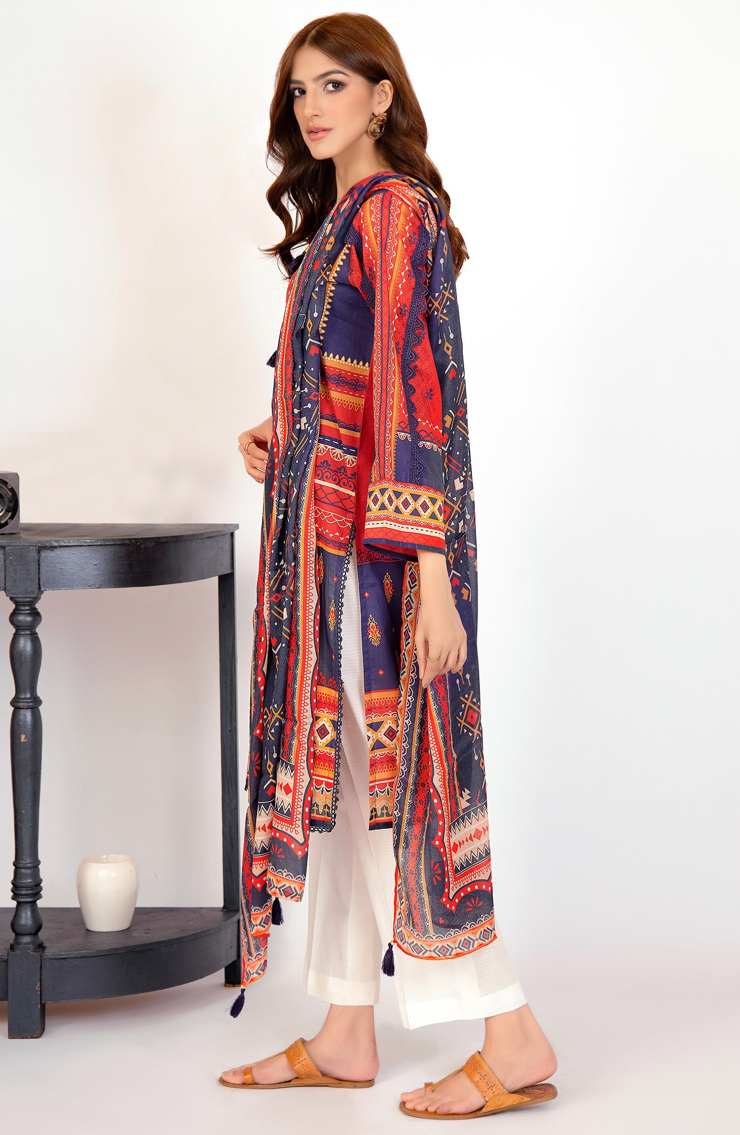 Unstitched 2 Piece Printed Lawn Shirt and Dobby Net Dupatta (NRDS-275/U RED)