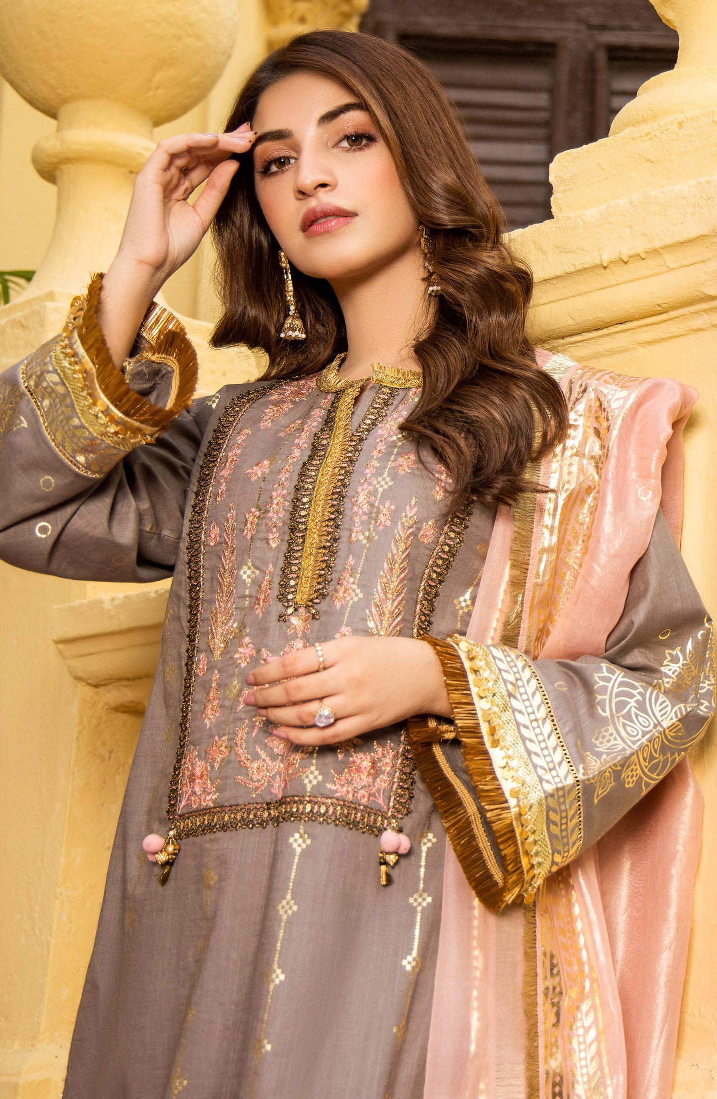 Unstitched 3 Piece Embroidered Fancy Yarn Dyed Shirt , Cambric Pant and Organza Dupatta
