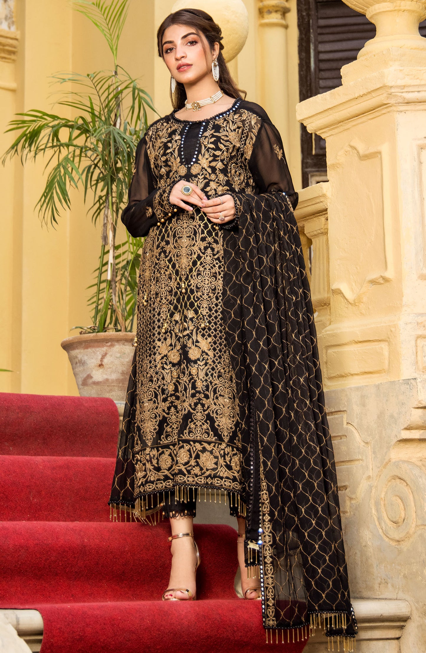 Unstitched 3 Piece Embroidered Chiffon Shirt , Raw Silk Pant and Chiffon Dupatta