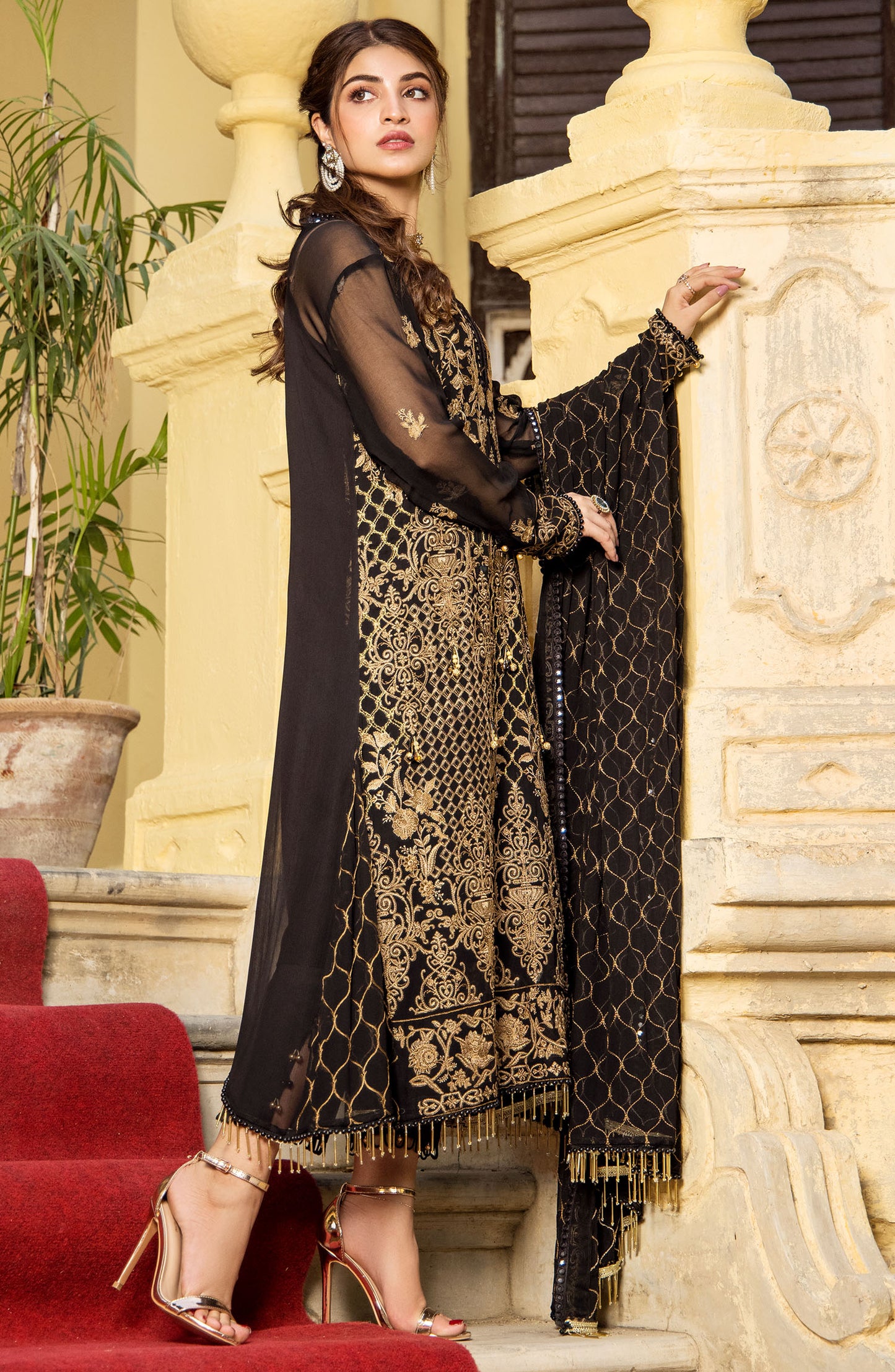 Unstitched 3 Piece Embroidered Chiffon Shirt , Raw Silk Pant and Chiffon Dupatta