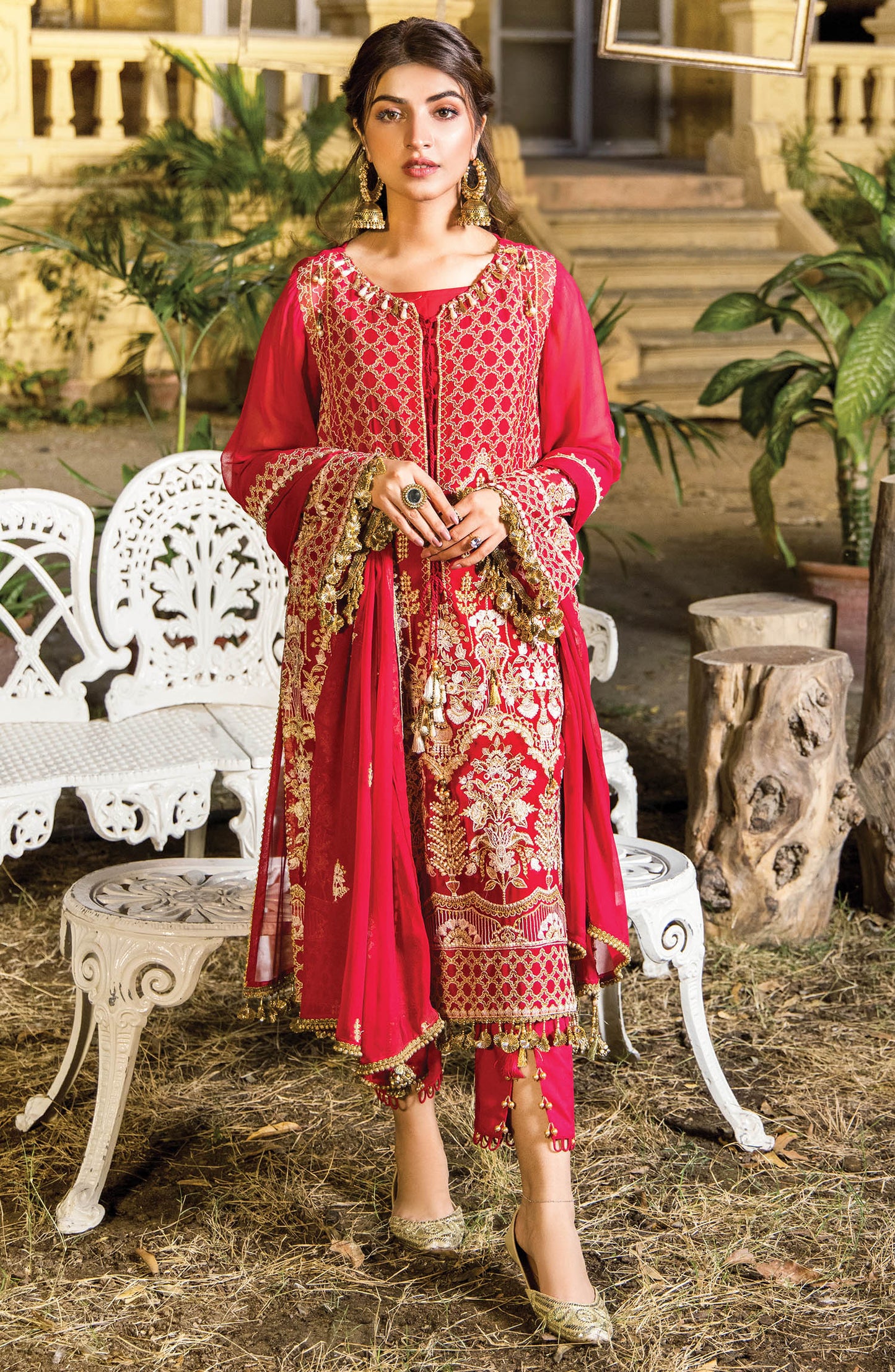 Unstitched 3 Piece Embroidered Chiffon Shirt , Raw Silk Pant and Chiffon Dupatta
