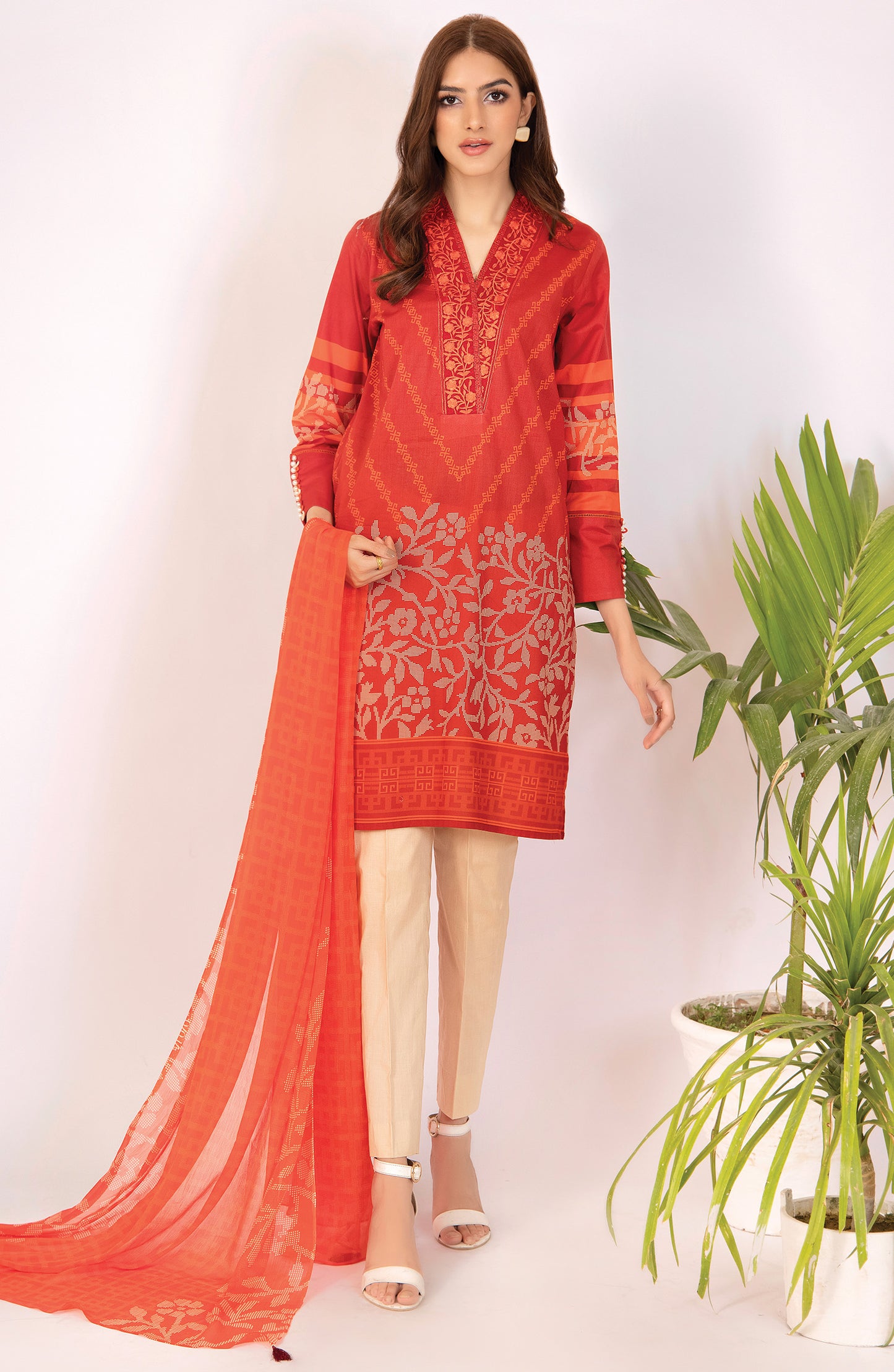 NRDS-22-058/U RED CAMBRIC  UNSTITCHED SHIRT DUPATTA