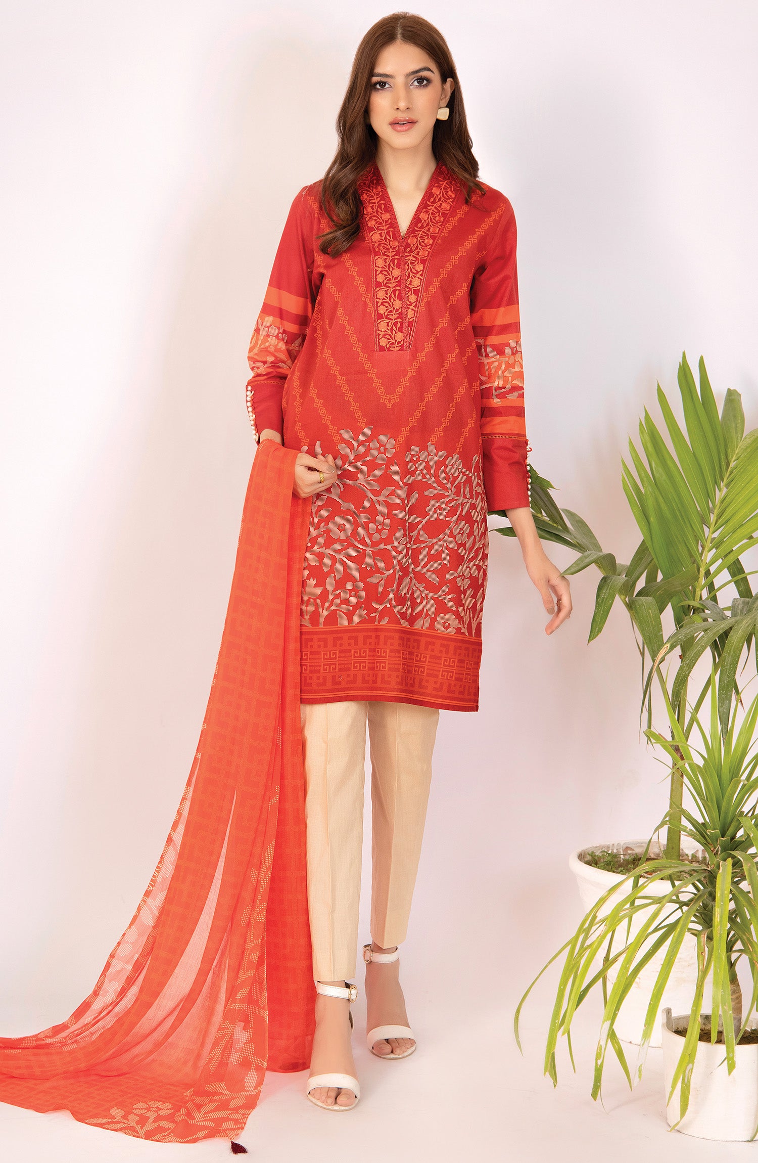 NRDS-22-058/U RED CAMBRIC  UNSTITCHED SHIRT DUPATTA