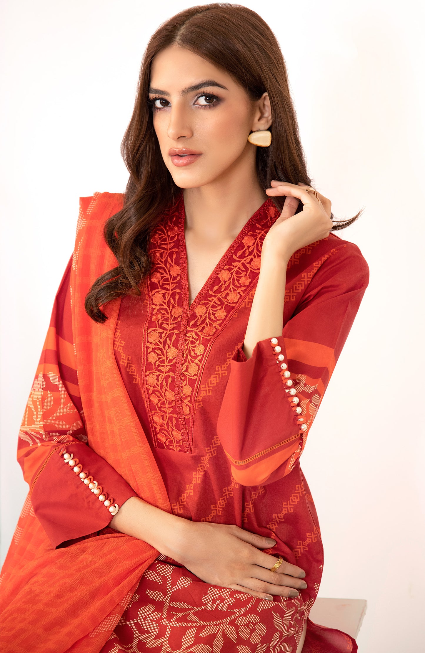 NRDS-22-058/U RED CAMBRIC  UNSTITCHED SHIRT DUPATTA