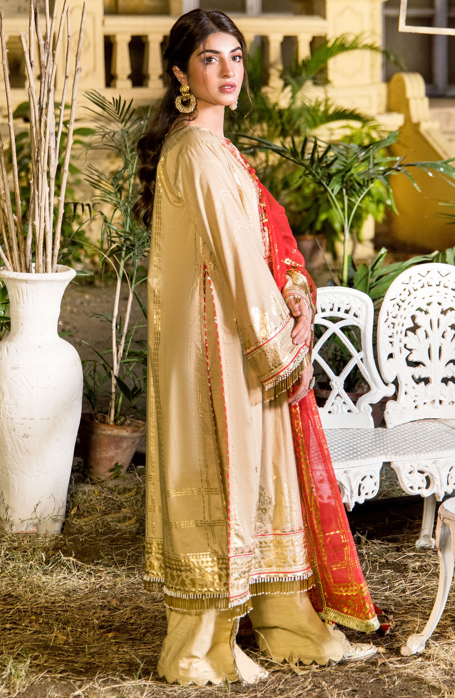 Unstitched 3 Piece Embroidered Fancy Yarn Dyed Shirt , Cambric Pant and Organza Dupatta (OTL-21-140/U BEIGE)
