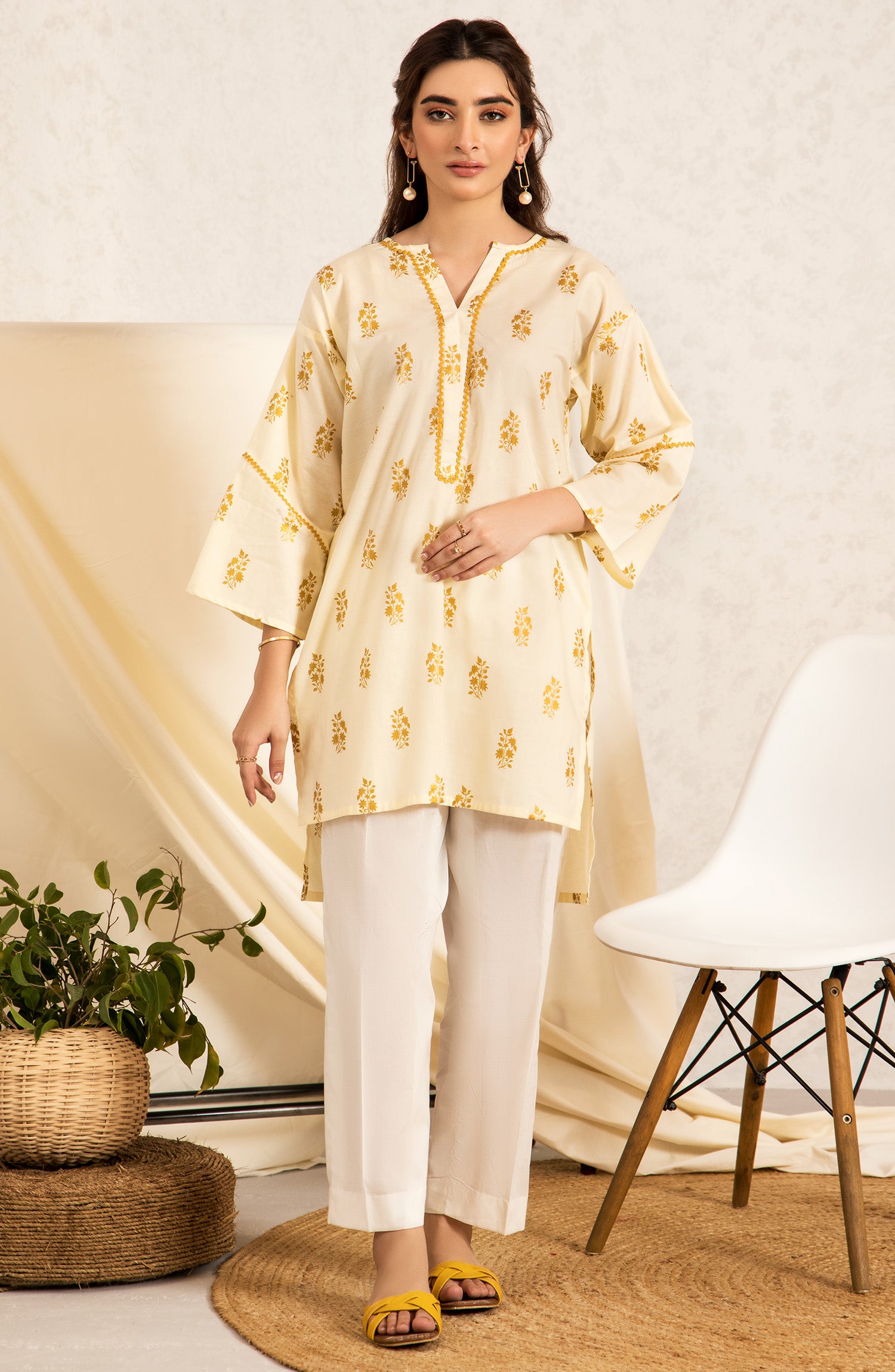 nrc-51-s-creme stitched 1 piece Gold Printed Lawn Shirt 
