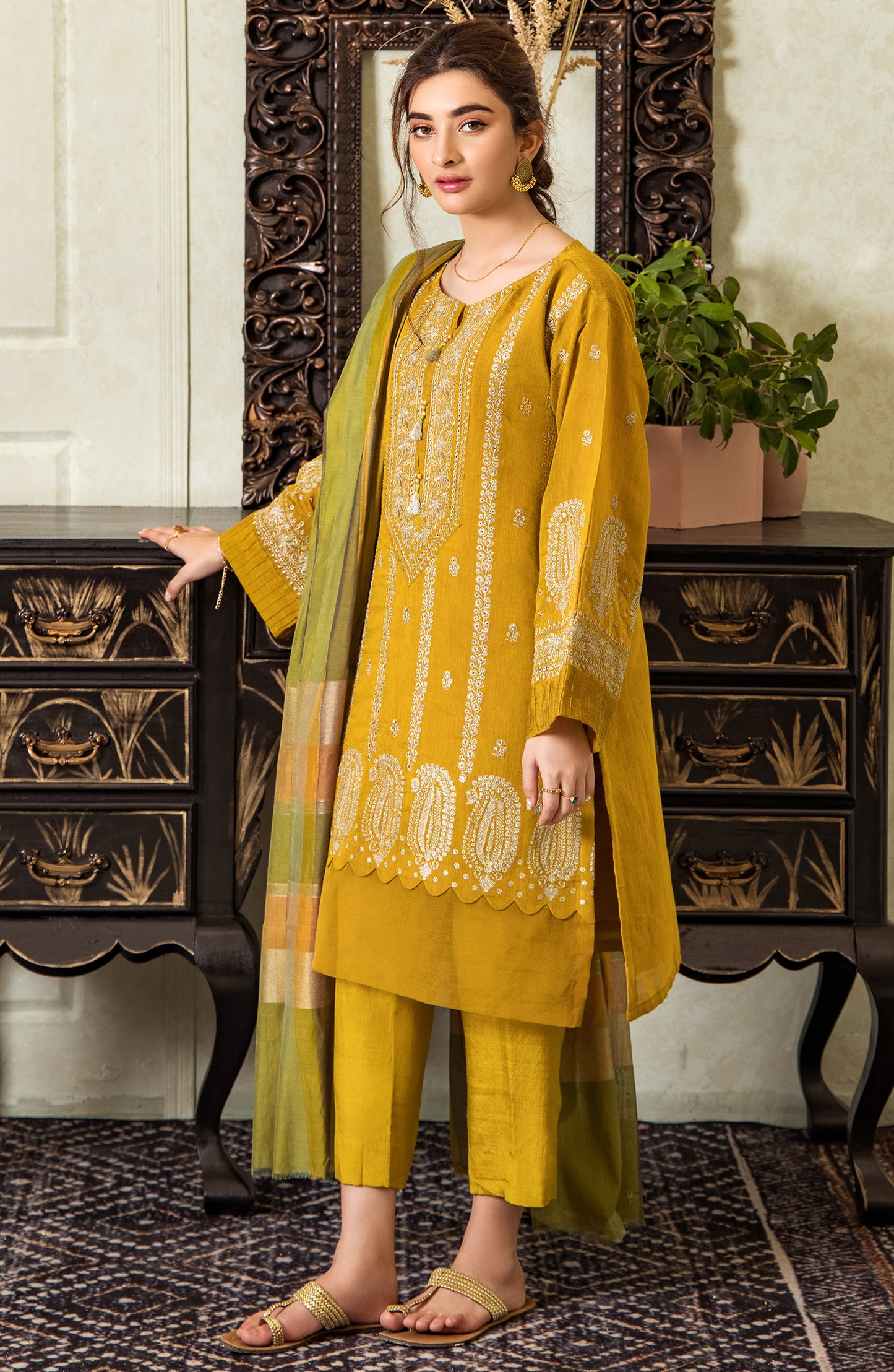 Stitched 3 Piece Embroidered Fancy Paper Cotton Shirt , Raw Silk Pant and Fancy Zari Yarn Dyed Dupatta