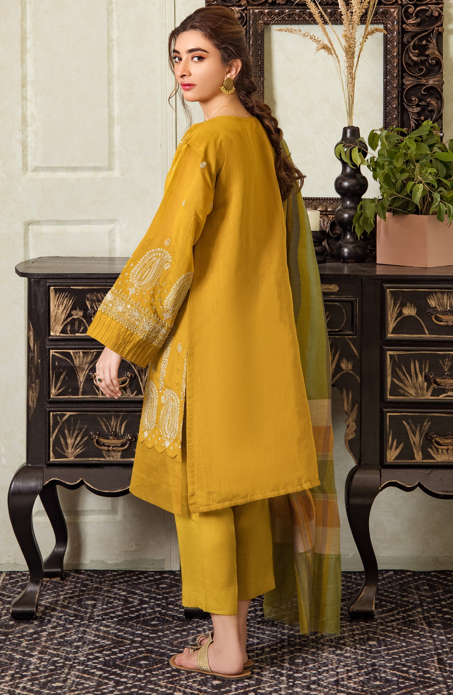 Stitched 3 Piece Embroidered Fancy Paper Cotton Shirt , Raw Silk Pant and Fancy Zari Yarn Dyed Dupatta